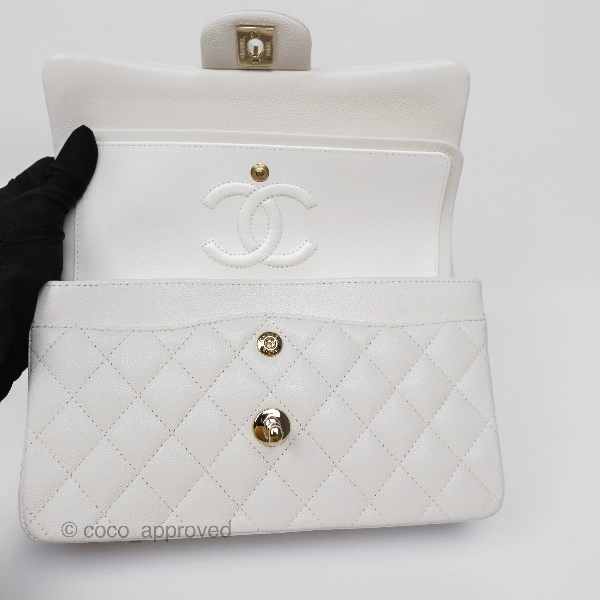 Chanel Small Classic Flap Quilted Ivory White Caviar Gold Hardware
