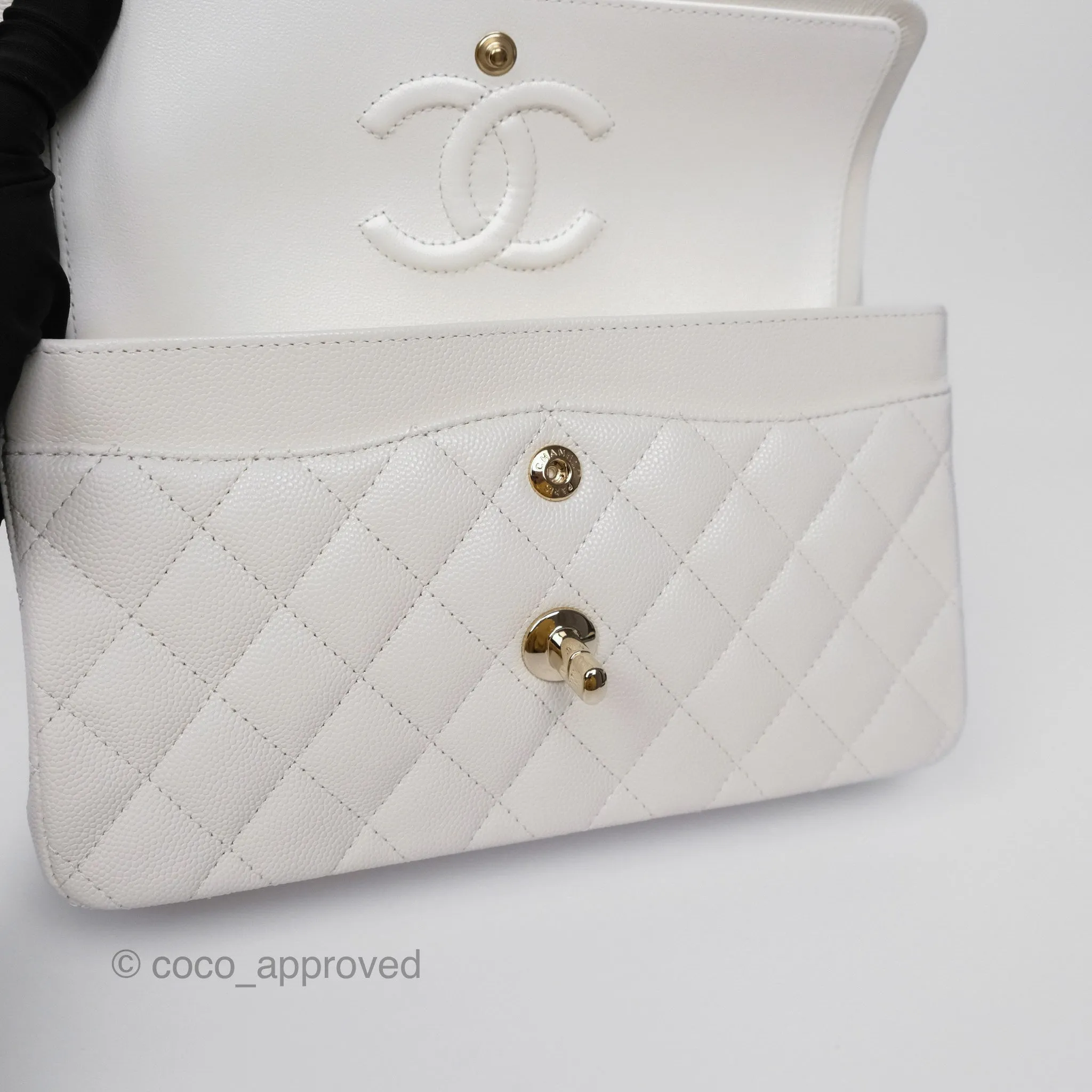 Chanel Small Classic Flap Quilted Ivory White Caviar Gold Hardware