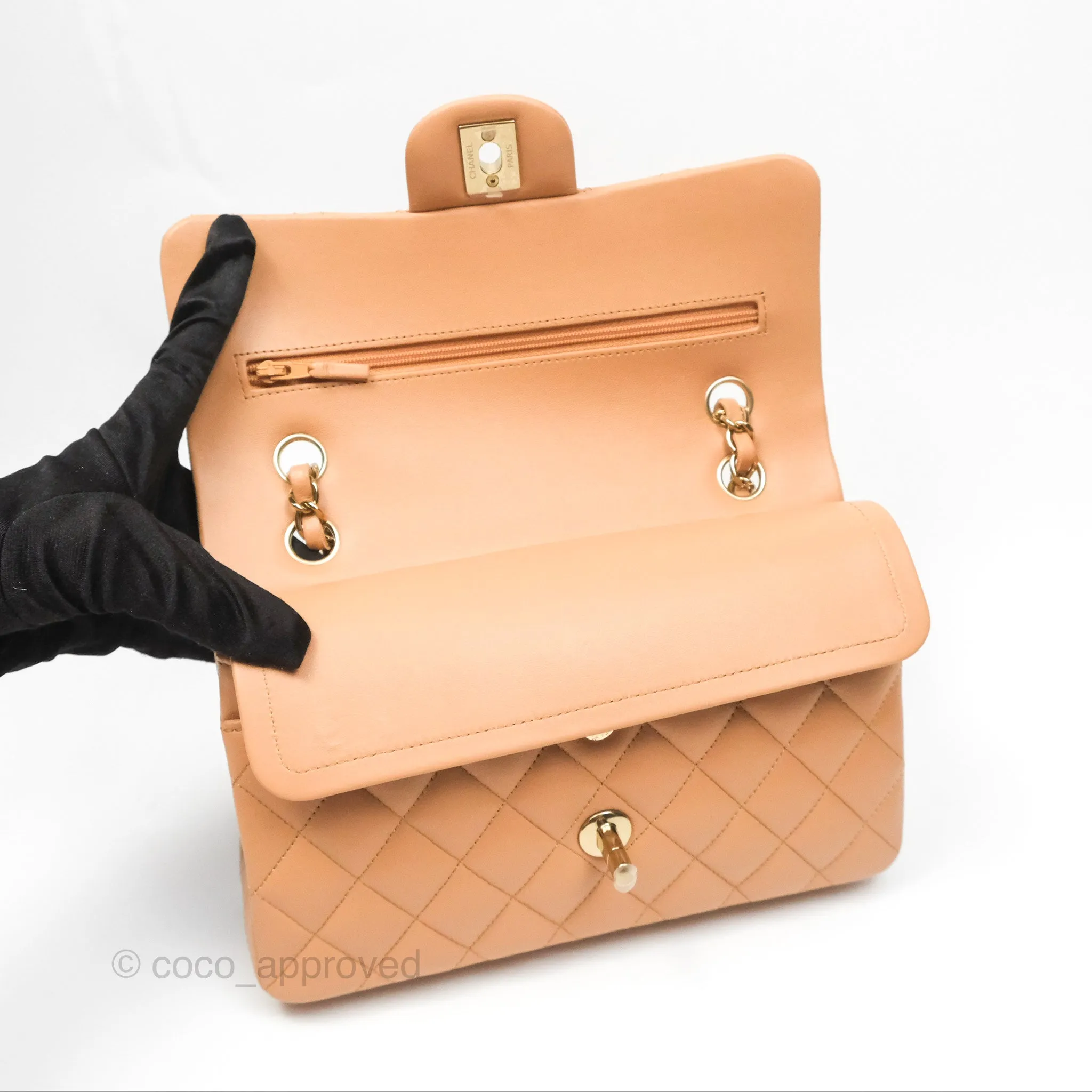 Chanel Small Classic Quilted Flap Beige Lambskin Gold Hardware 23K