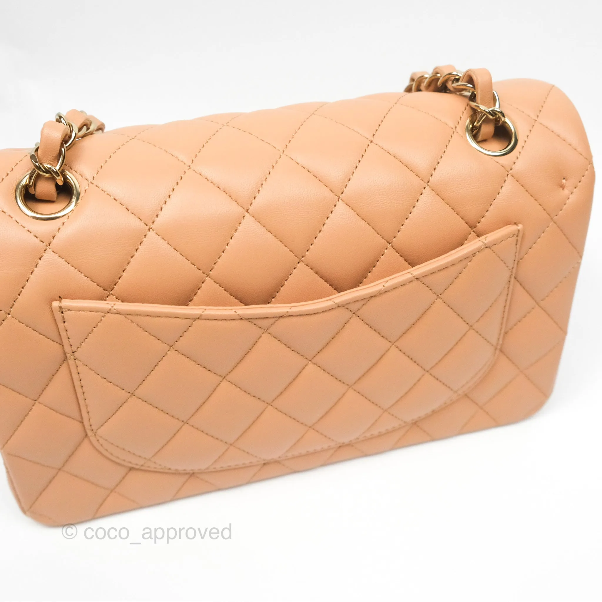 Chanel Small Classic Quilted Flap Beige Lambskin Gold Hardware 23K