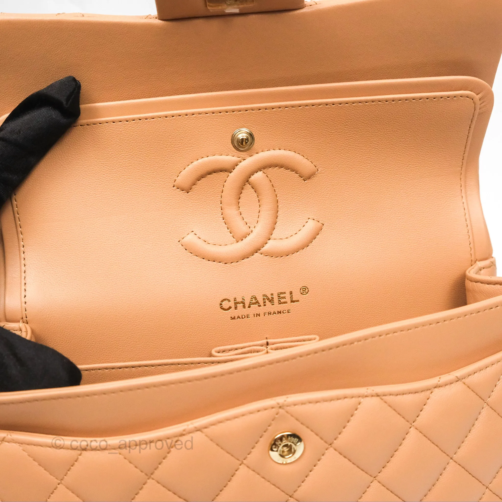Chanel Small Classic Quilted Flap Beige Lambskin Gold Hardware 23K