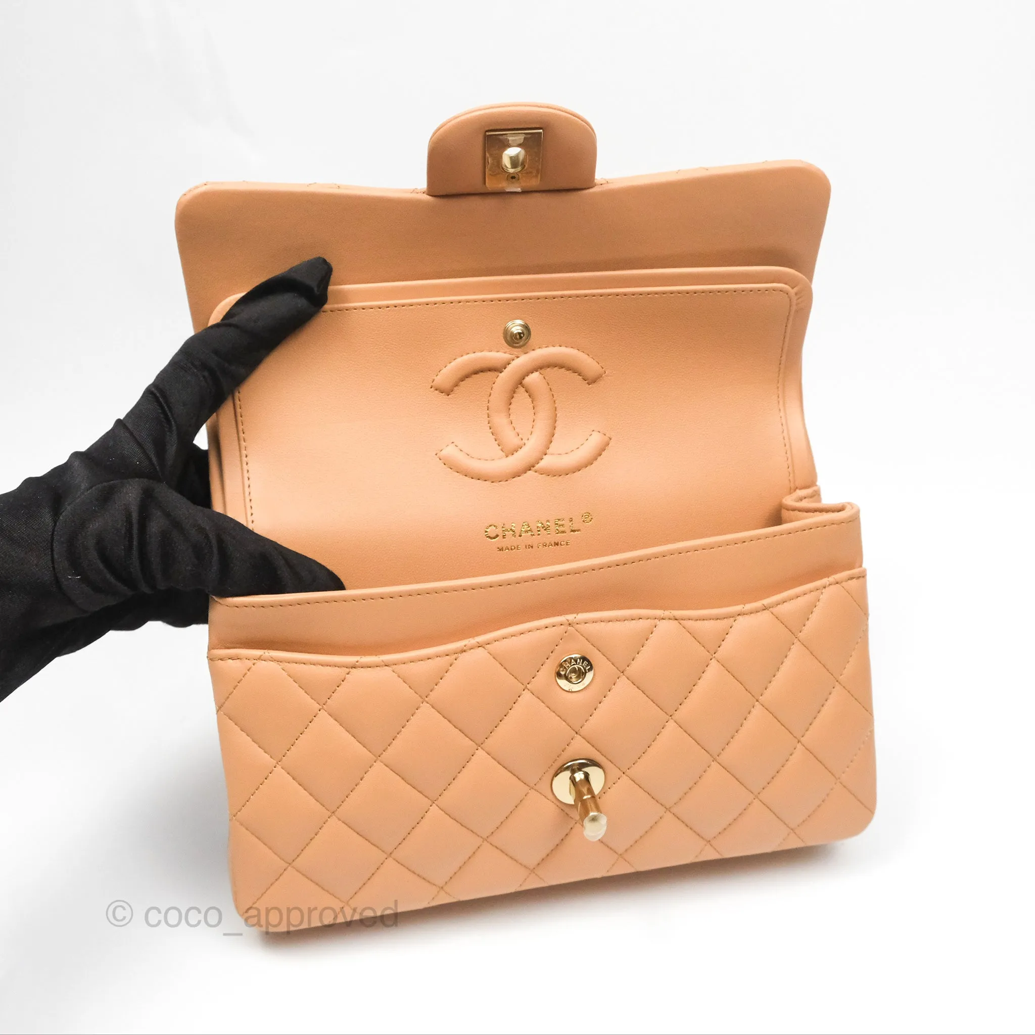 Chanel Small Classic Quilted Flap Beige Lambskin Gold Hardware 23K