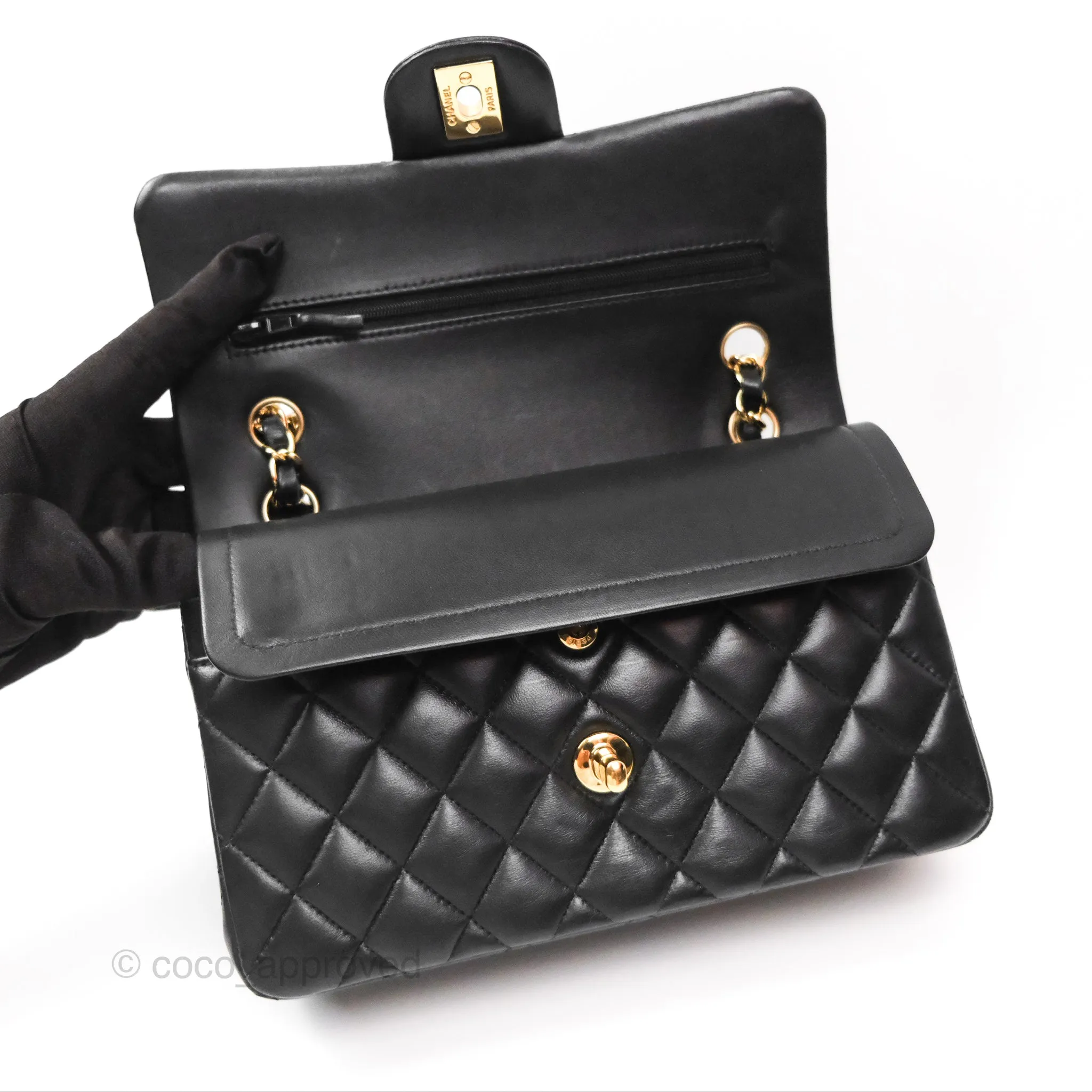 Chanel Small Classic Quilted Flap Black Lambskin Gold Hardware