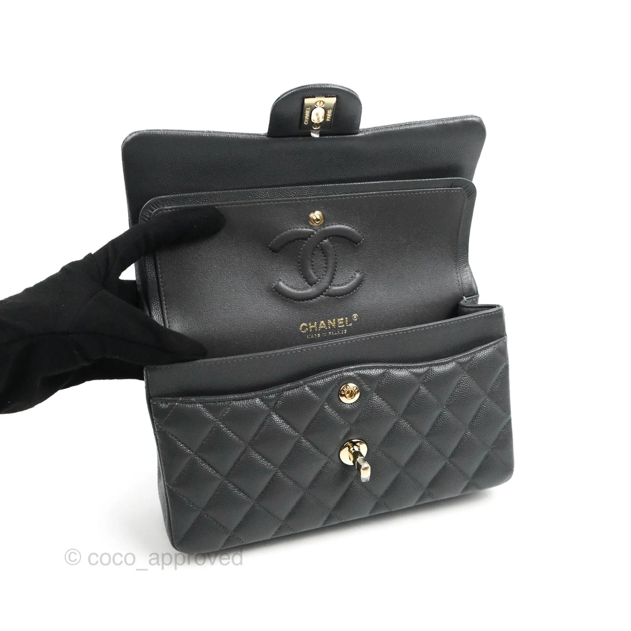 Chanel Small Classic Quilted Flap Dark Grey Caviar Gold Hardware