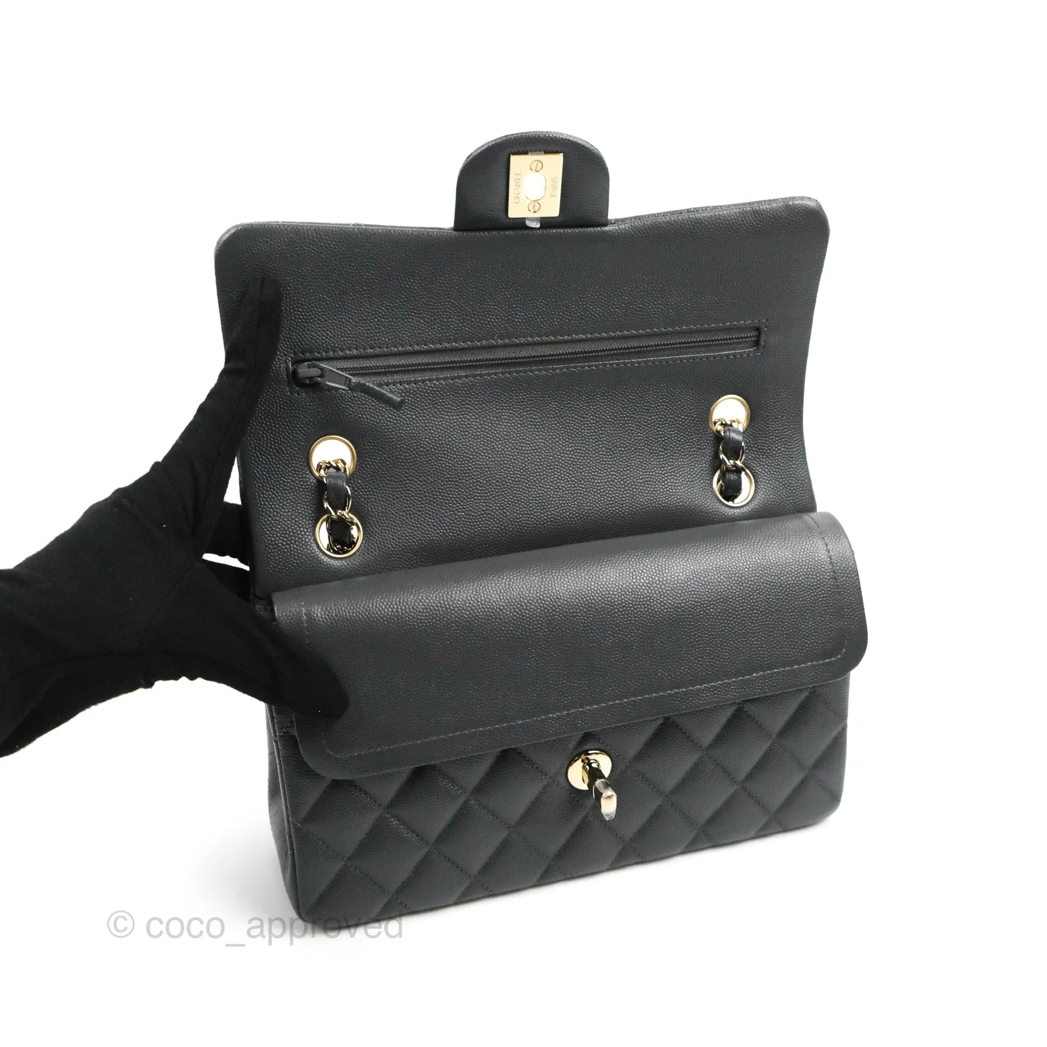 Chanel Small Classic Quilted Flap Dark Grey Caviar Gold Hardware