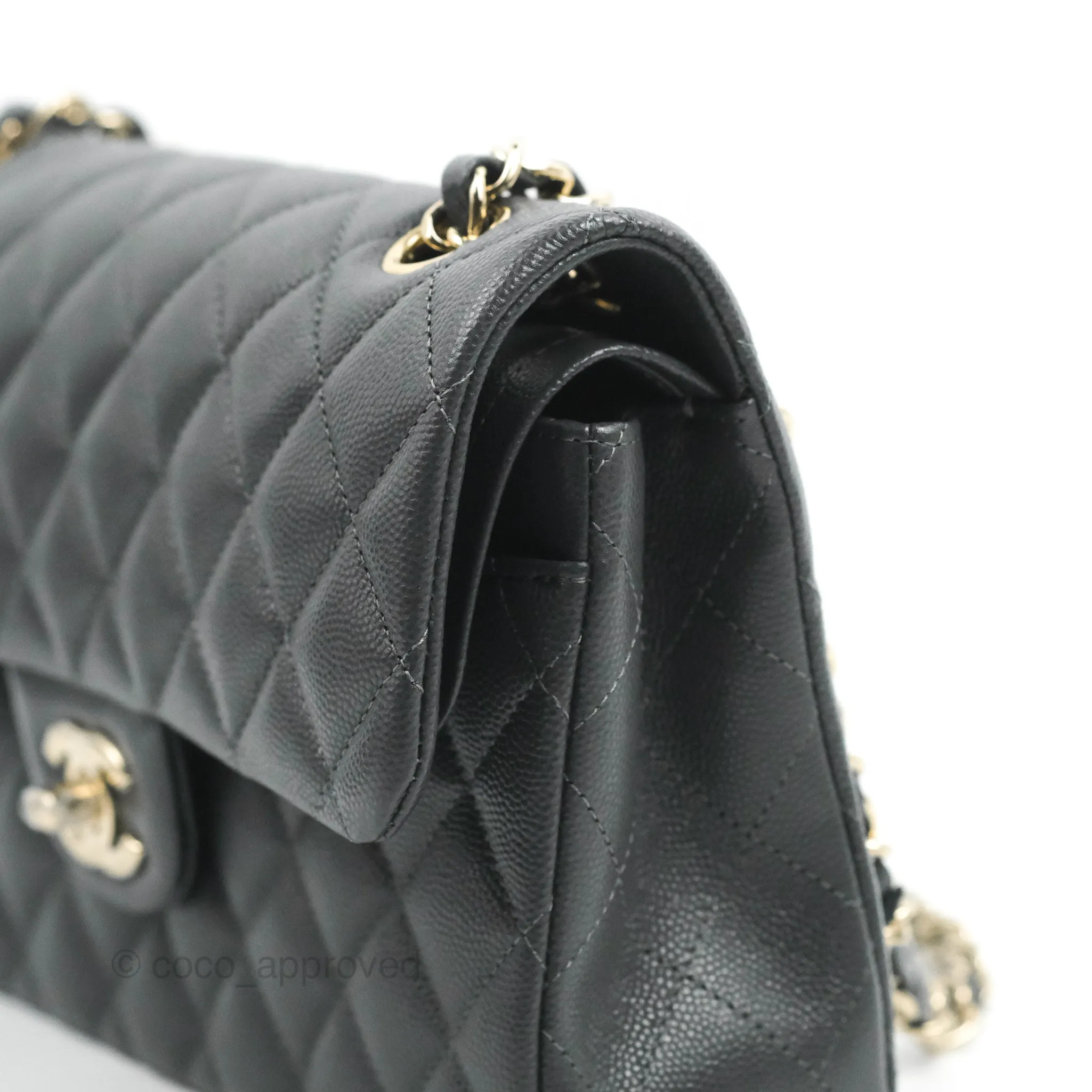Chanel Small Classic Quilted Flap Dark Grey Caviar Gold Hardware