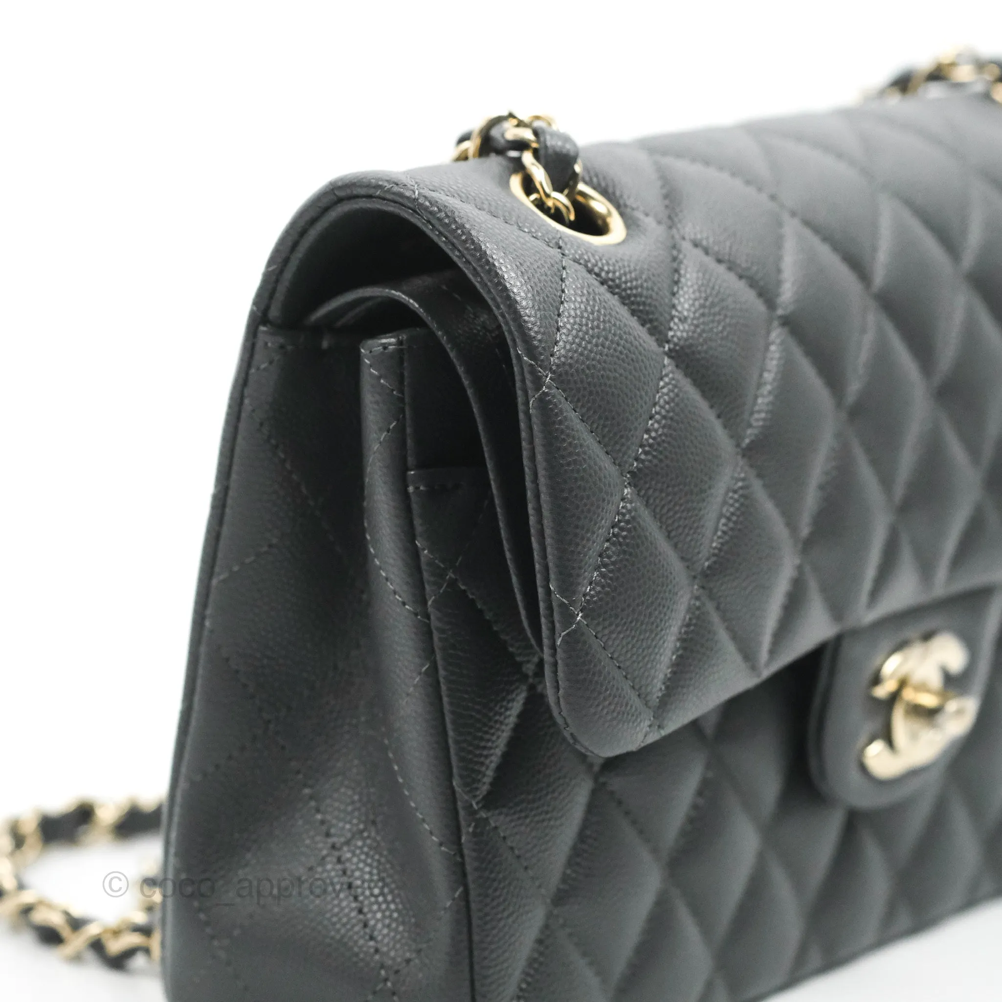 Chanel Small Classic Quilted Flap Dark Grey Caviar Gold Hardware