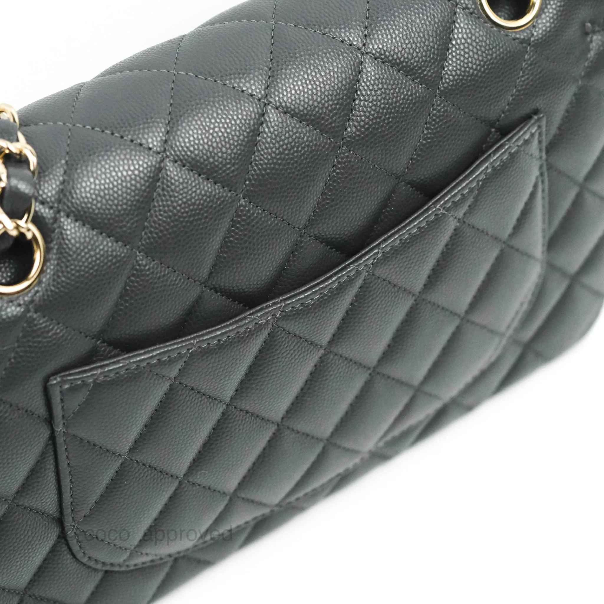 Chanel Small Classic Quilted Flap Dark Grey Caviar Gold Hardware