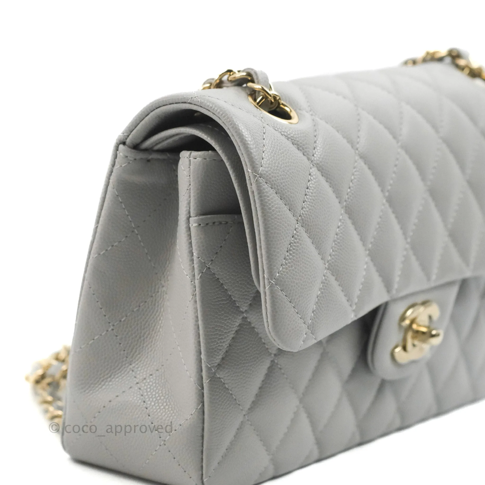 Chanel Small Classic Quilted Flap Grey Caviar Gold Hardware 21A