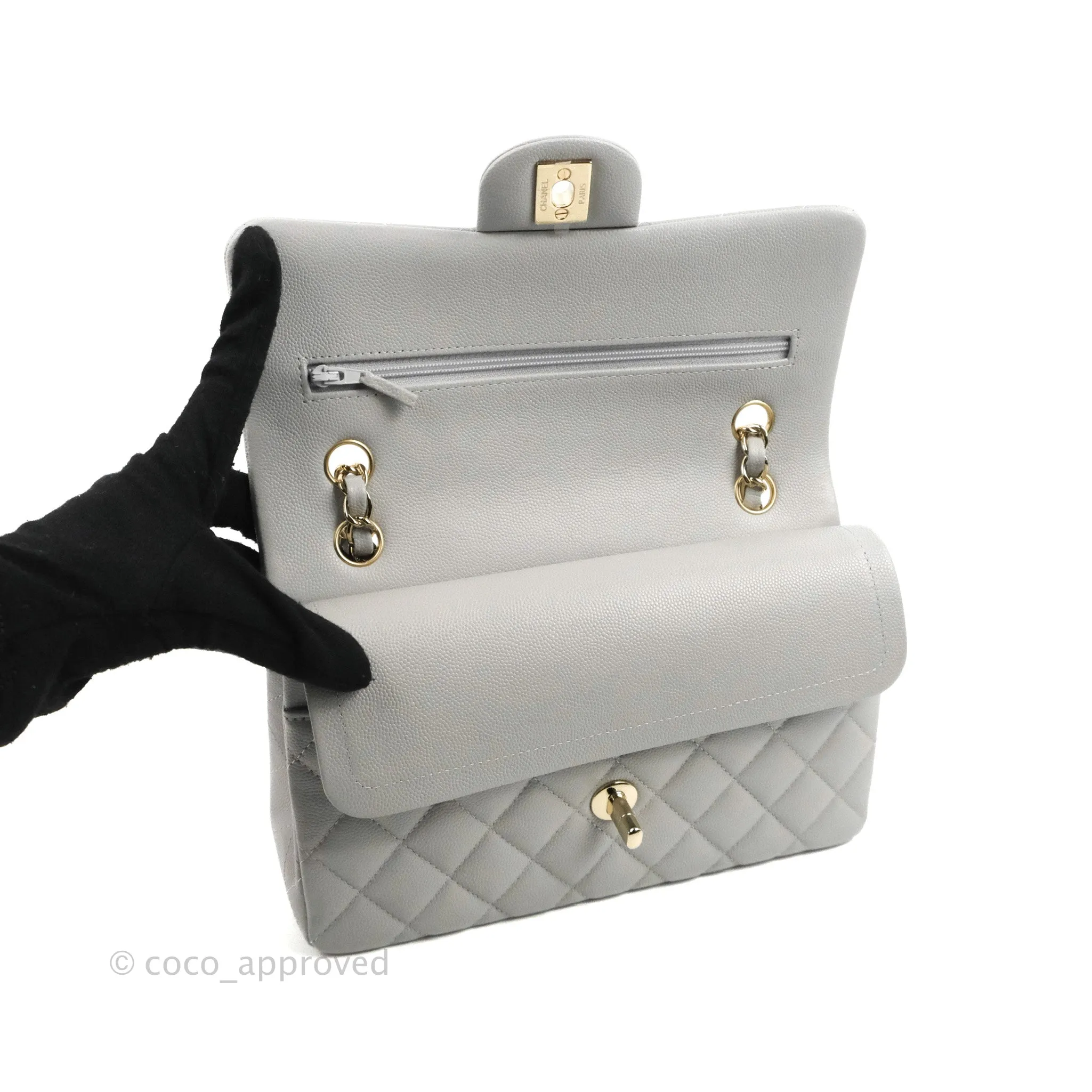 Chanel Small Classic Quilted Flap Grey Caviar Gold Hardware 21A