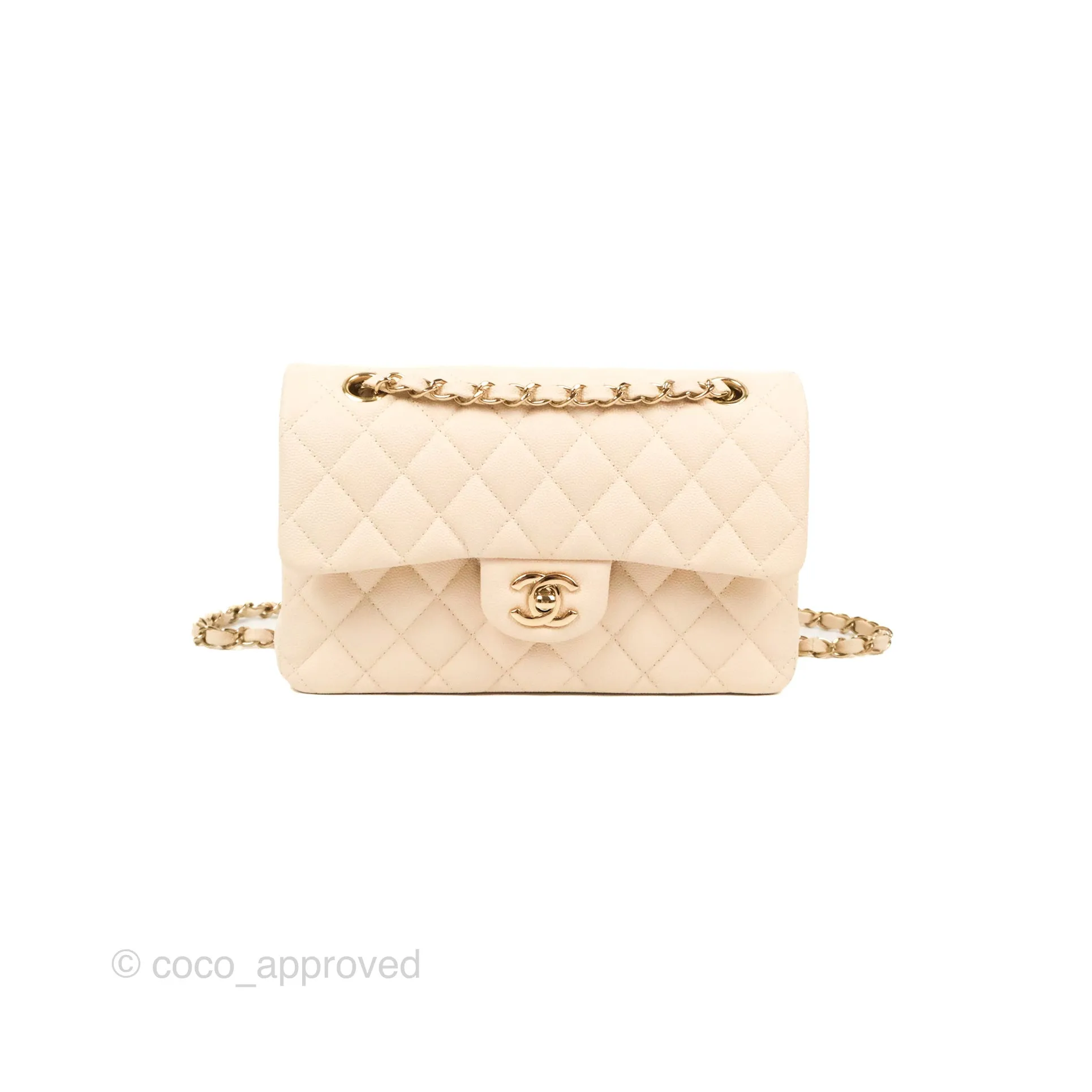 Chanel Small Classic Quilted Flap Light Ivory Beige Caviar Gold Hardware 20C