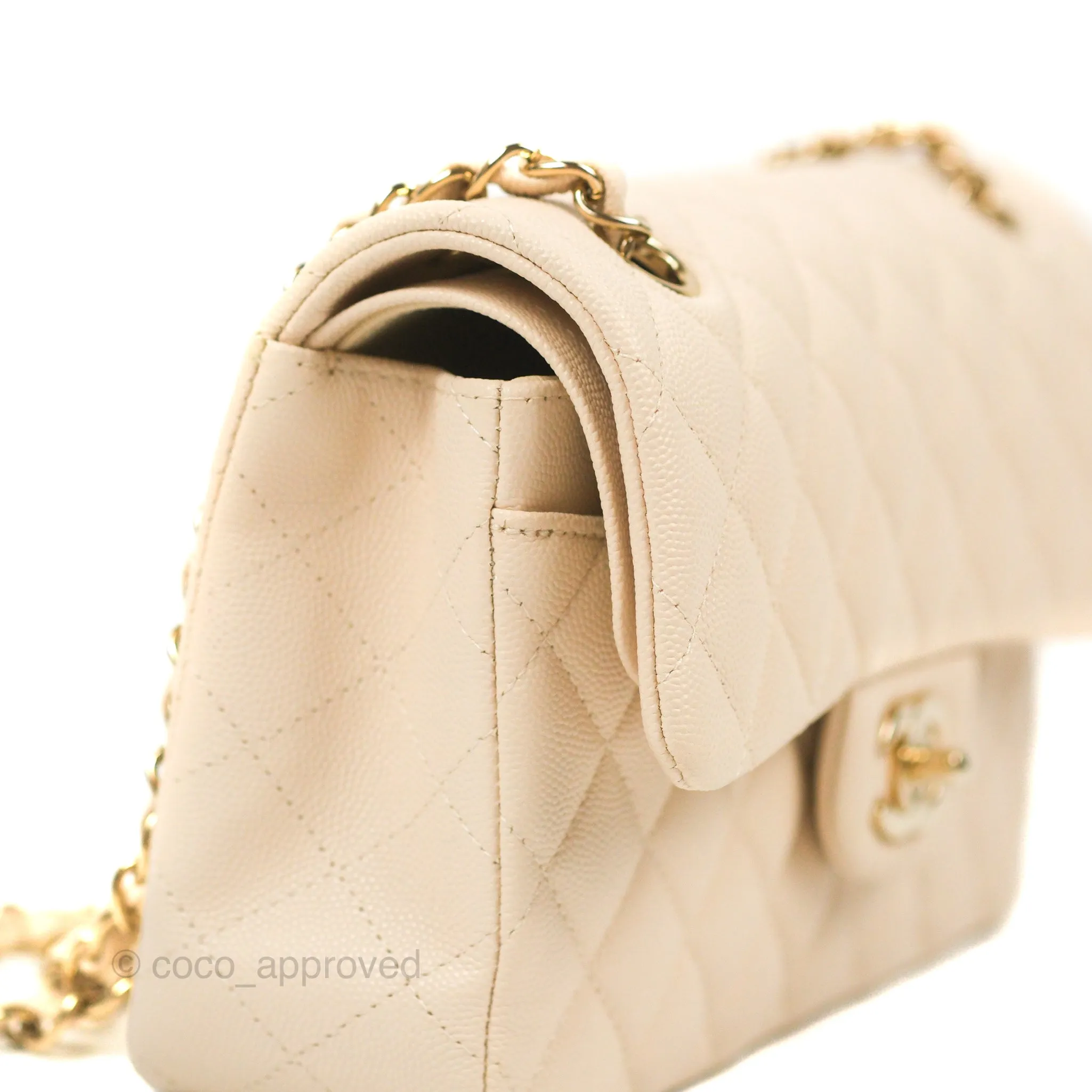 Chanel Small Classic Quilted Flap Light Ivory Beige Caviar Gold Hardware 20C