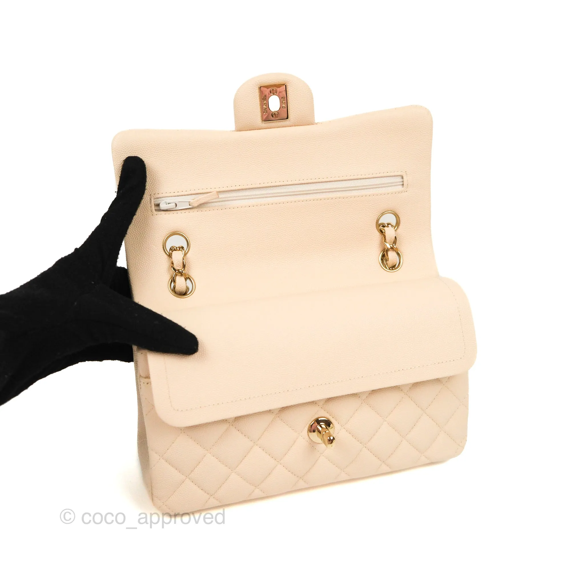 Chanel Small Classic Quilted Flap Light Ivory Beige Caviar Gold Hardware 20C