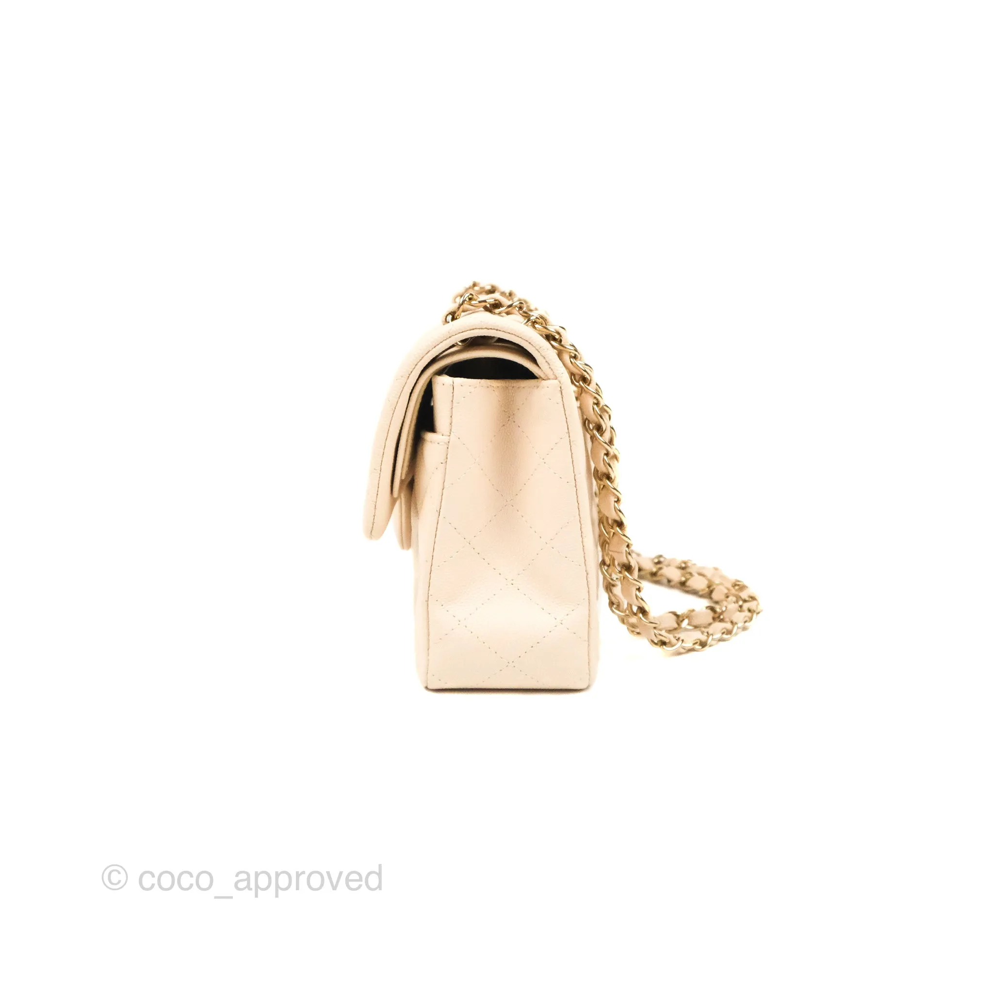Chanel Small Classic Quilted Flap Light Ivory Beige Caviar Gold Hardware 20C