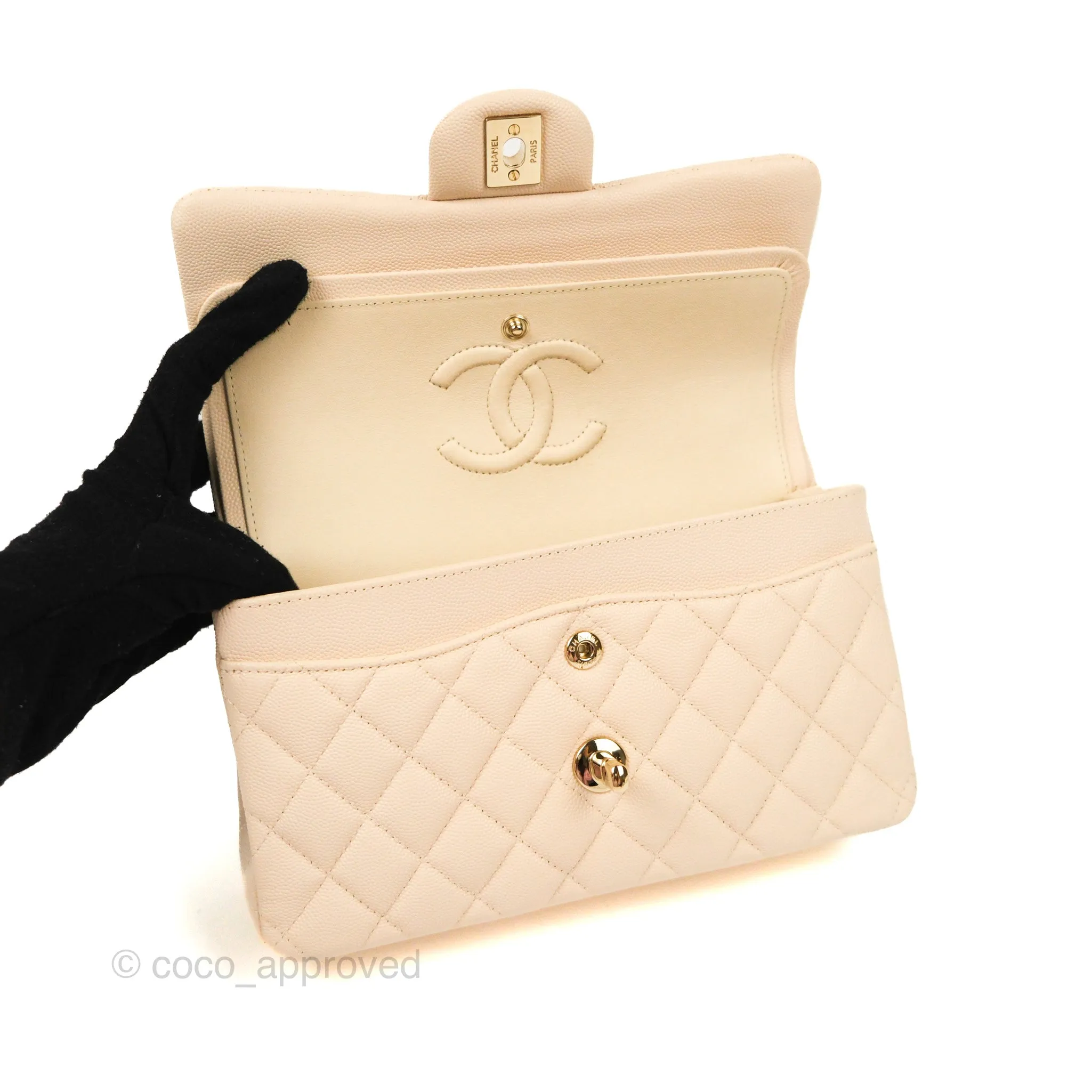Chanel Small Classic Quilted Flap Light Ivory Beige Caviar Gold Hardware 20C