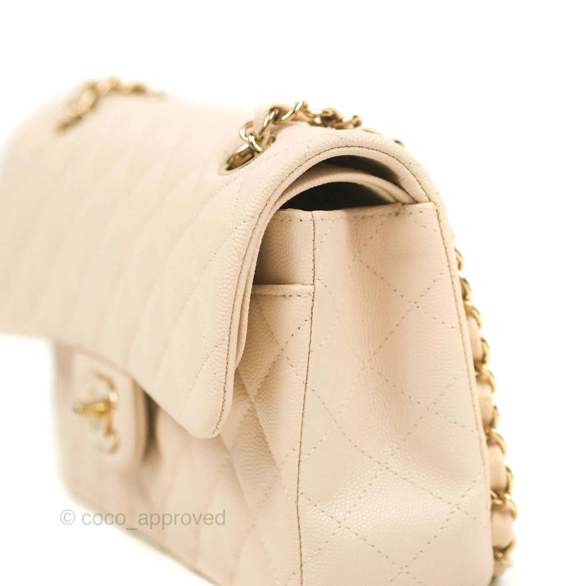 Chanel Small Classic Quilted Flap Light Ivory Beige Caviar Gold Hardware 20C