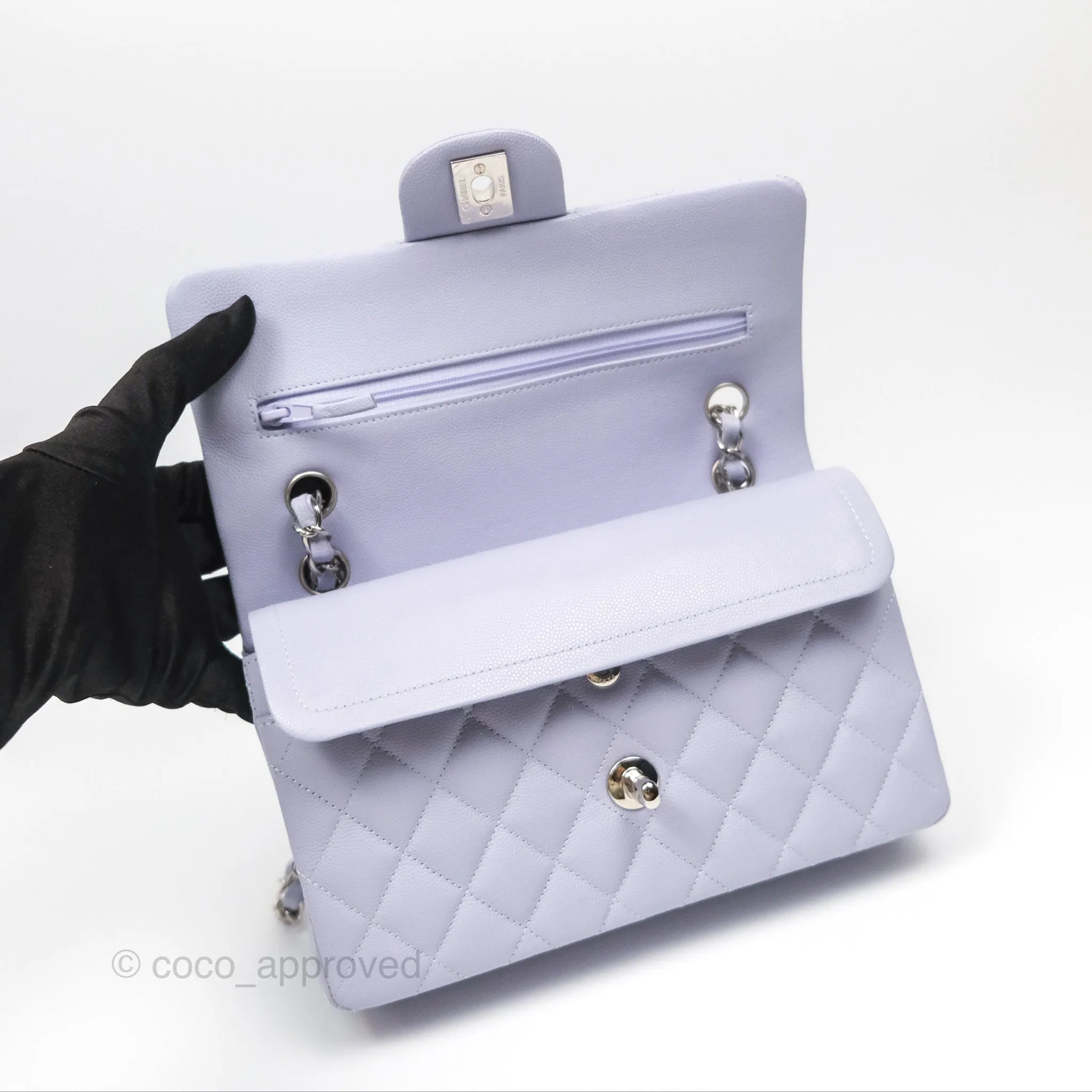Chanel Small Classic Quilted Flap Lilac Caviar Silver Hardware 21K