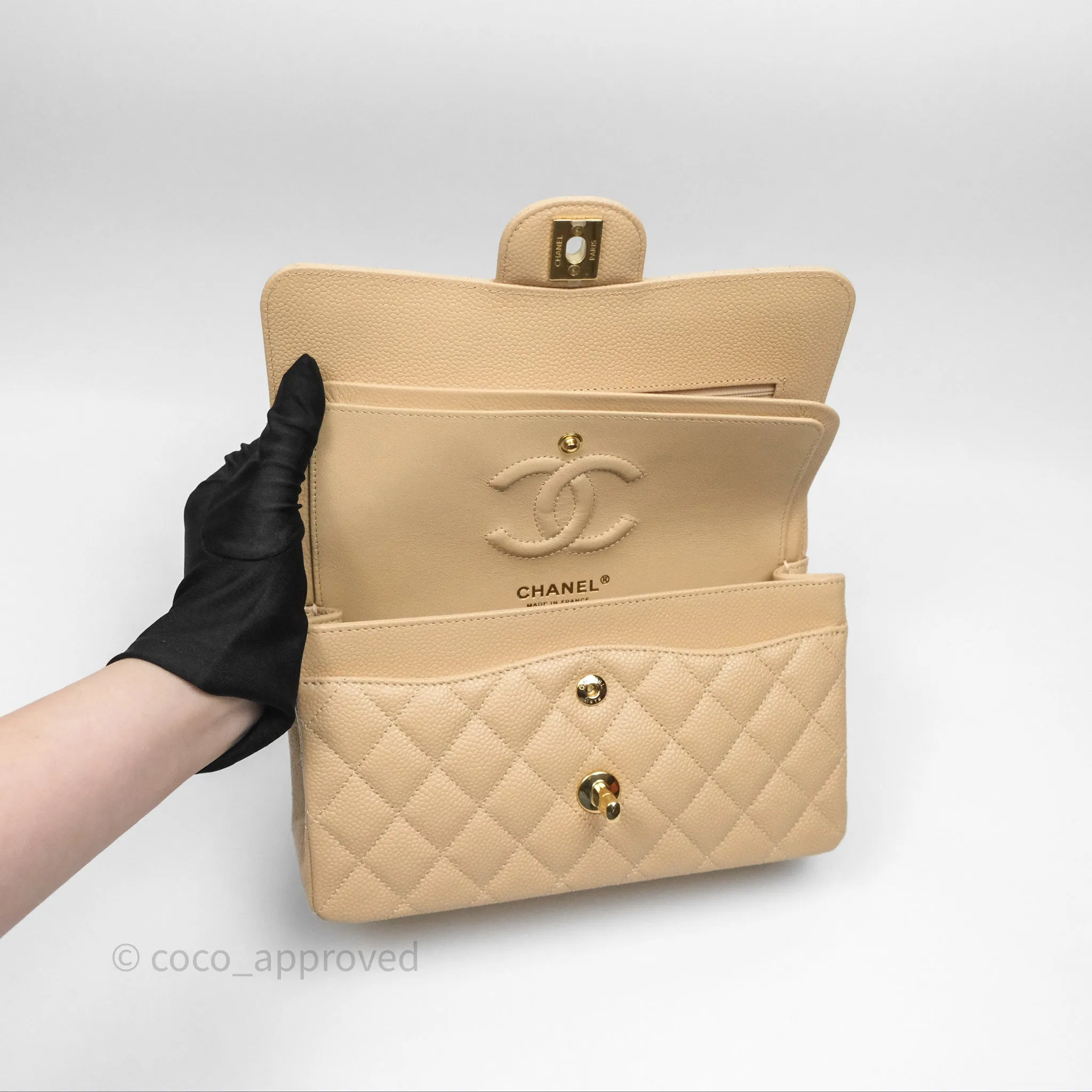 Chanel Small Quilted Classic Flap Beige Caviar Gold Hardware
