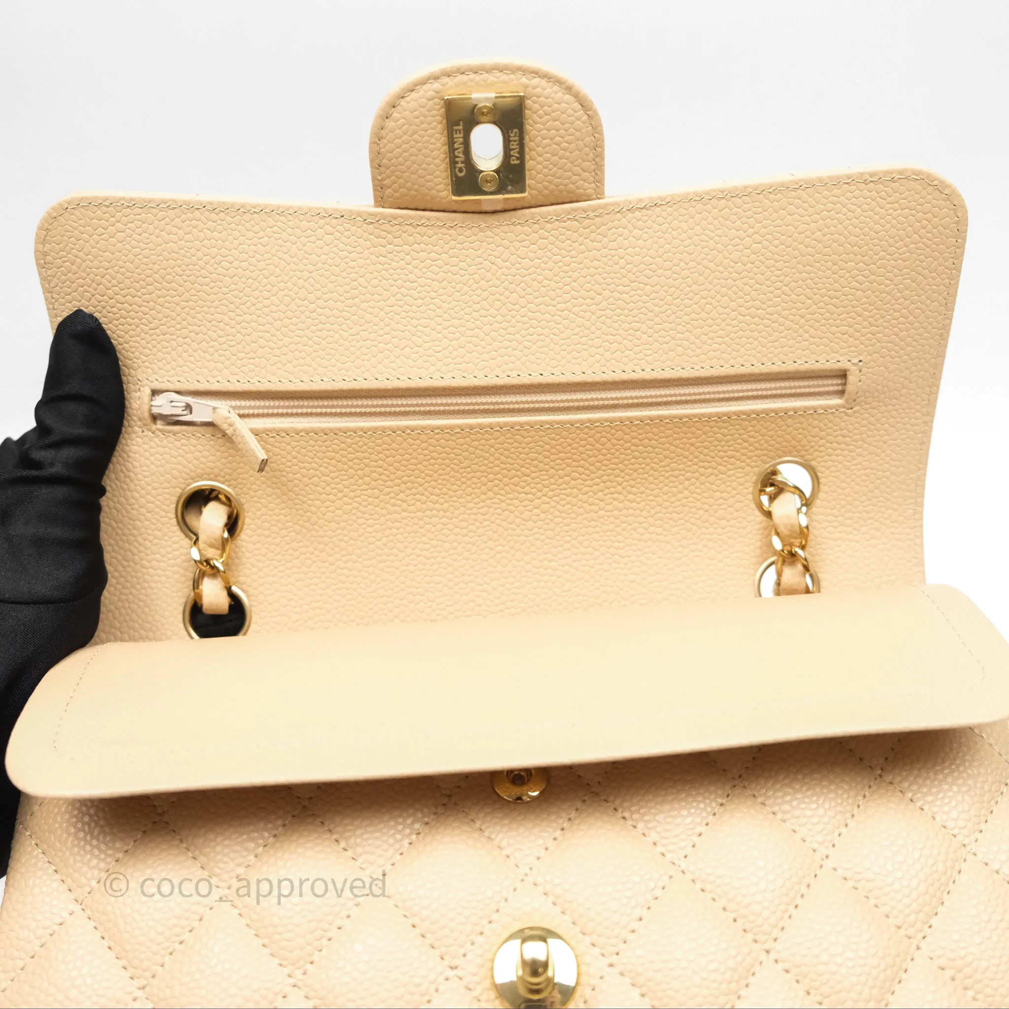 Chanel Small Quilted Classic Flap Beige Caviar Gold Hardware