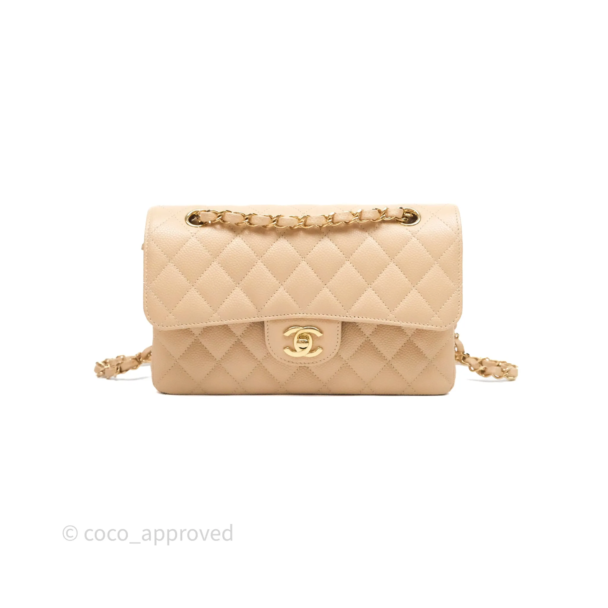 Chanel Small Quilted Classic Flap Beige Caviar Gold Hardware