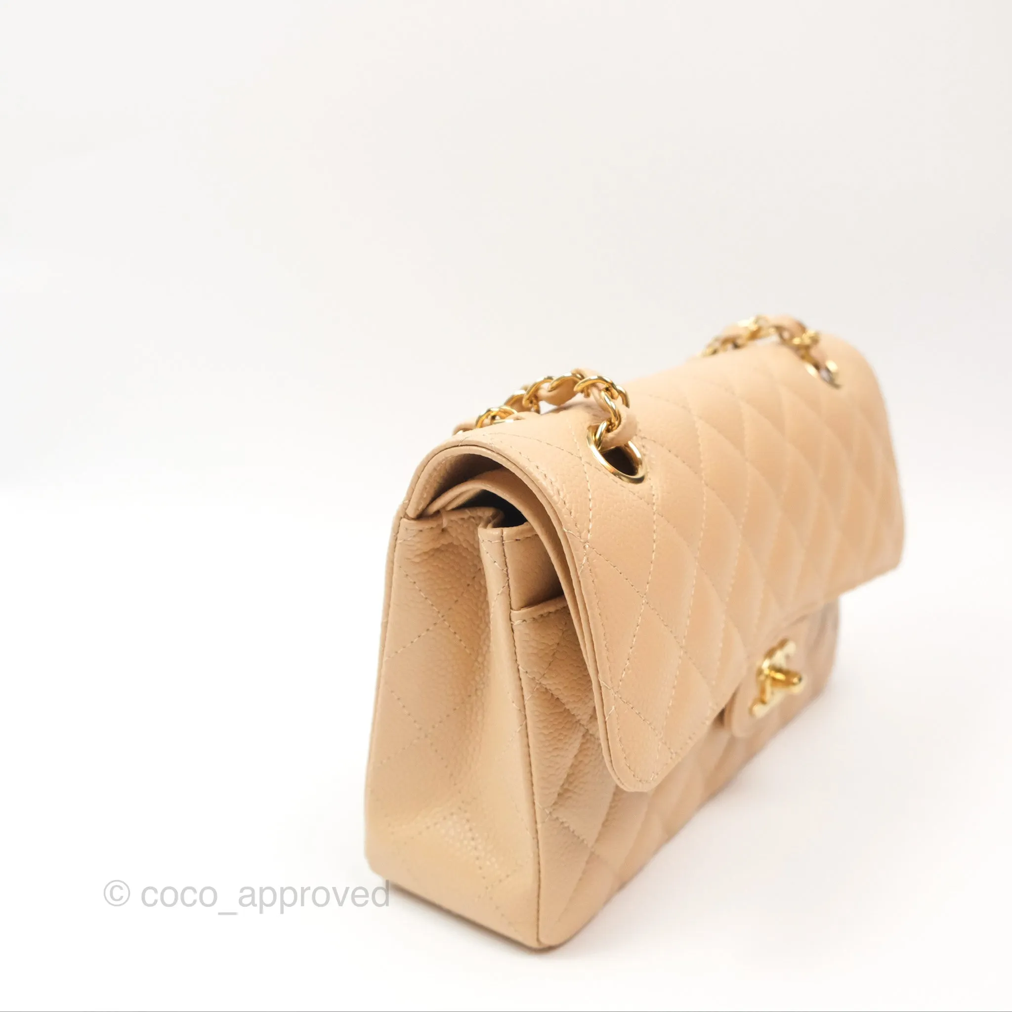 Chanel Small Quilted Classic Flap Beige Caviar Gold Hardware