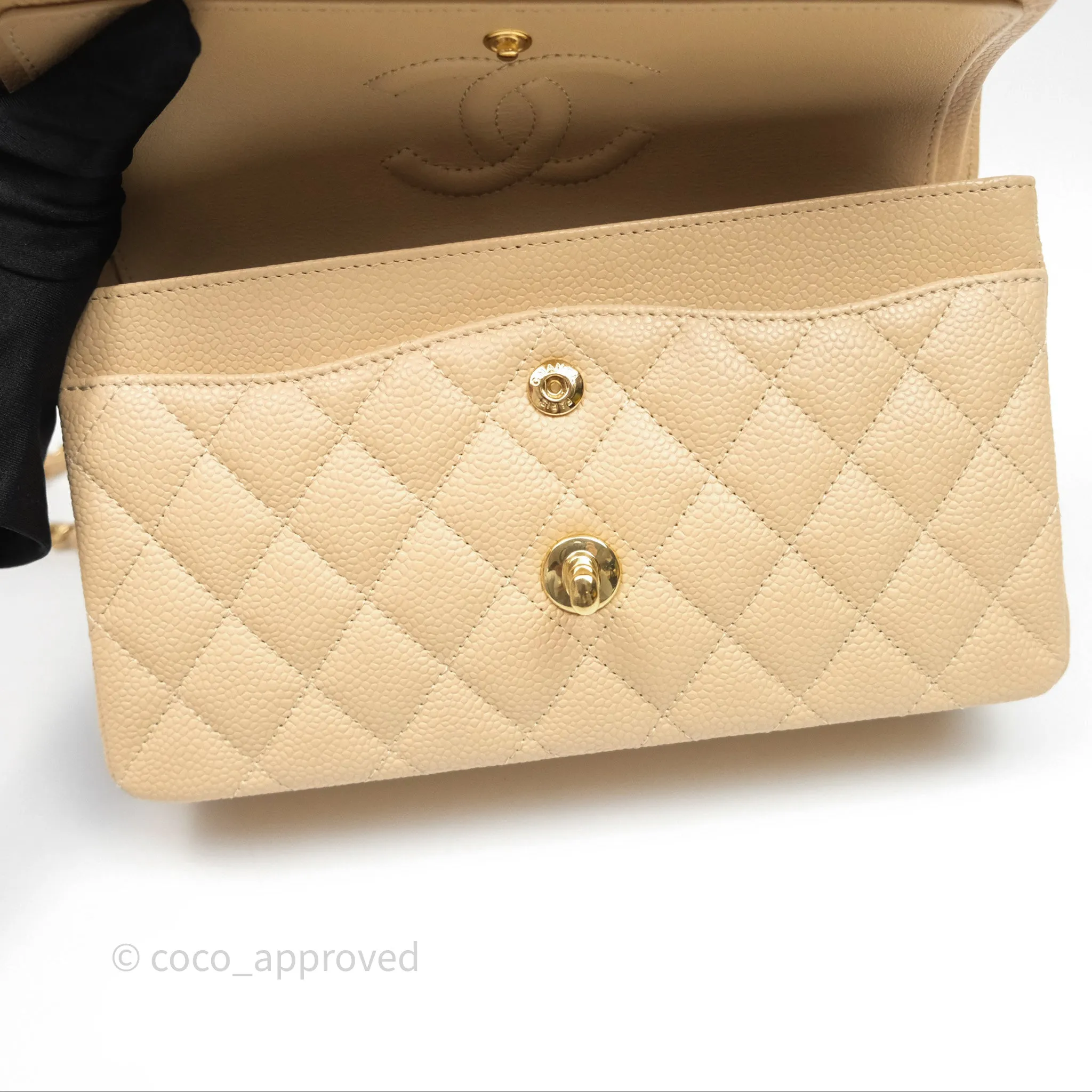 Chanel Small Quilted Classic Flap Beige Caviar Gold Hardware