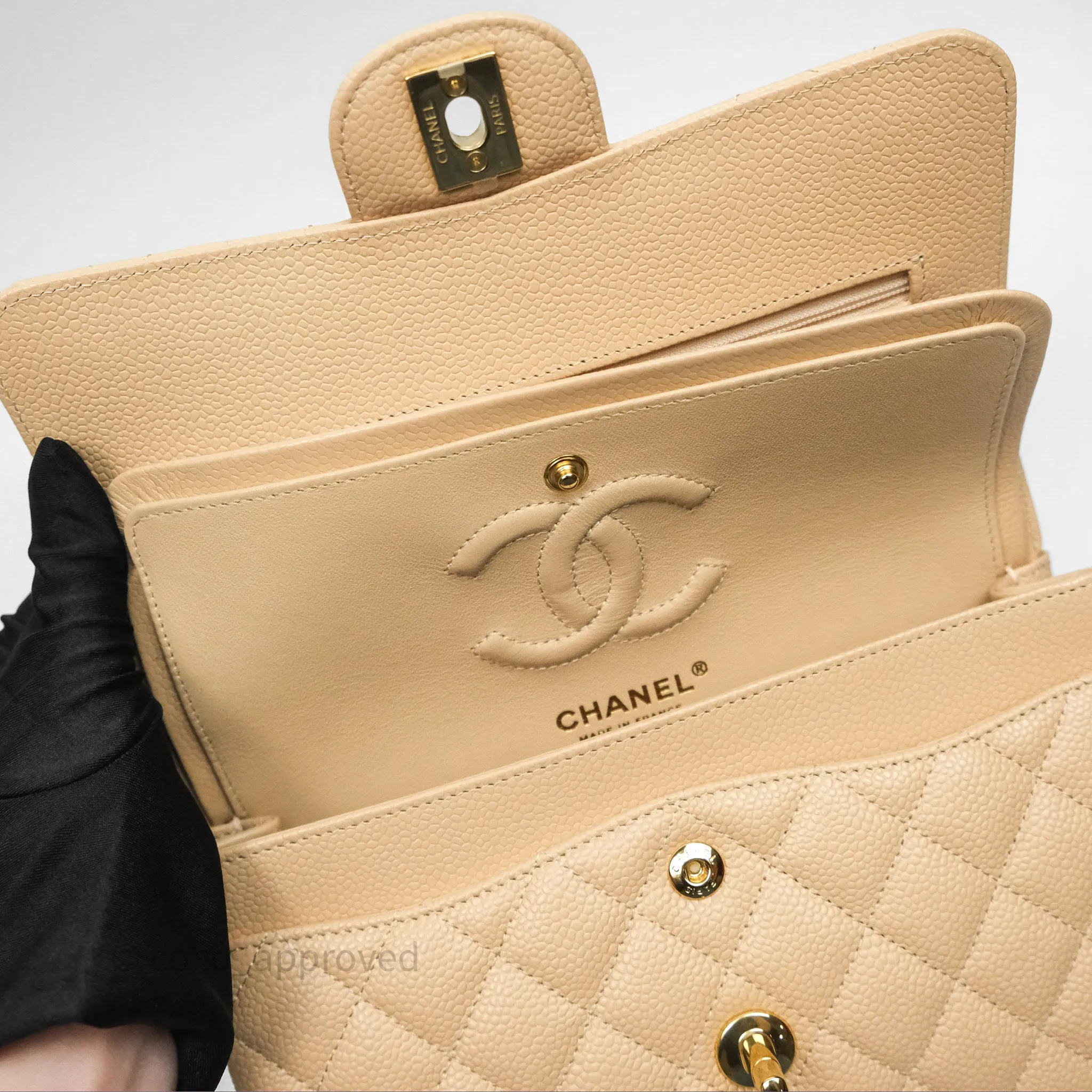 Chanel Small Quilted Classic Flap Beige Caviar Gold Hardware
