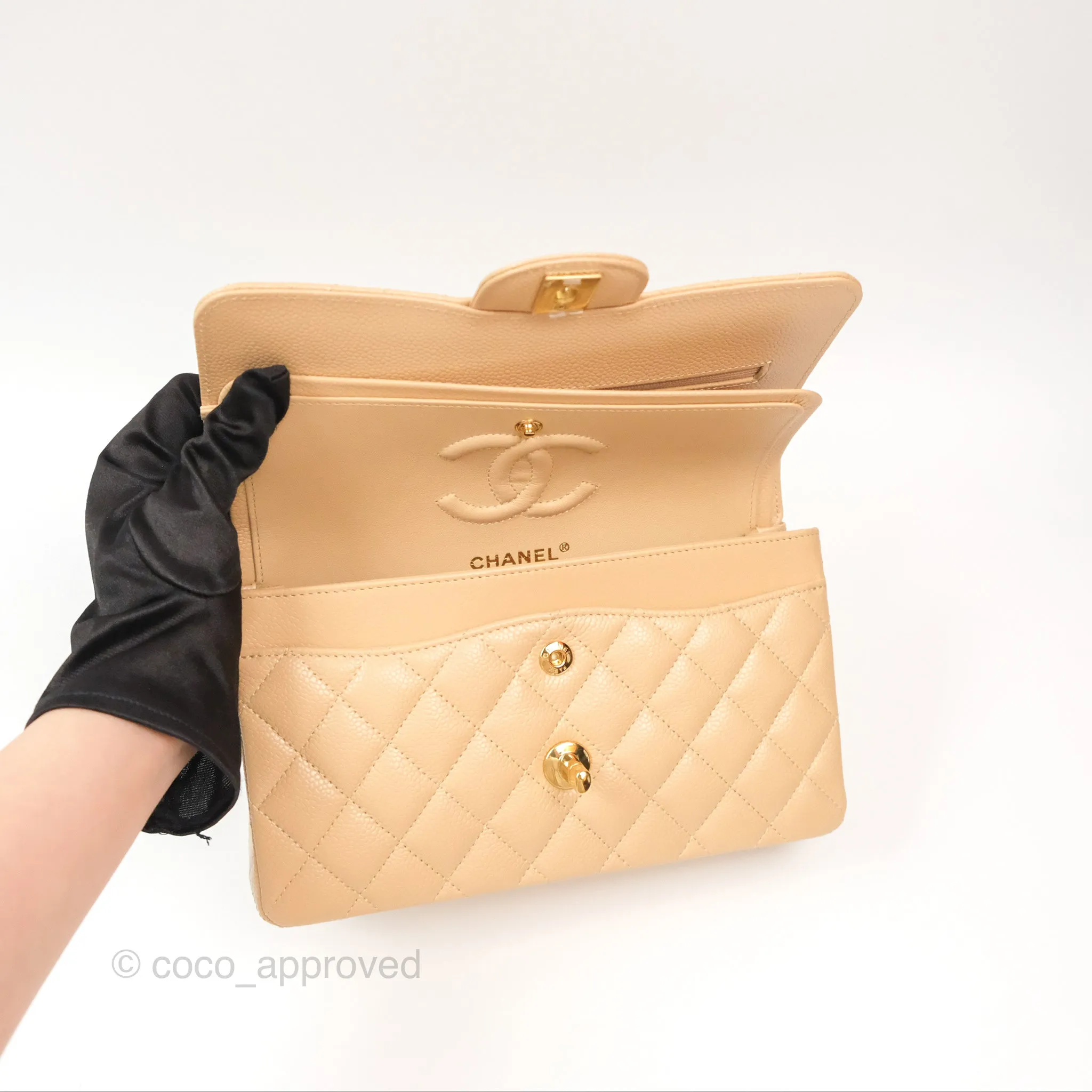 Chanel Small Quilted Classic Flap Beige Caviar Gold Hardware