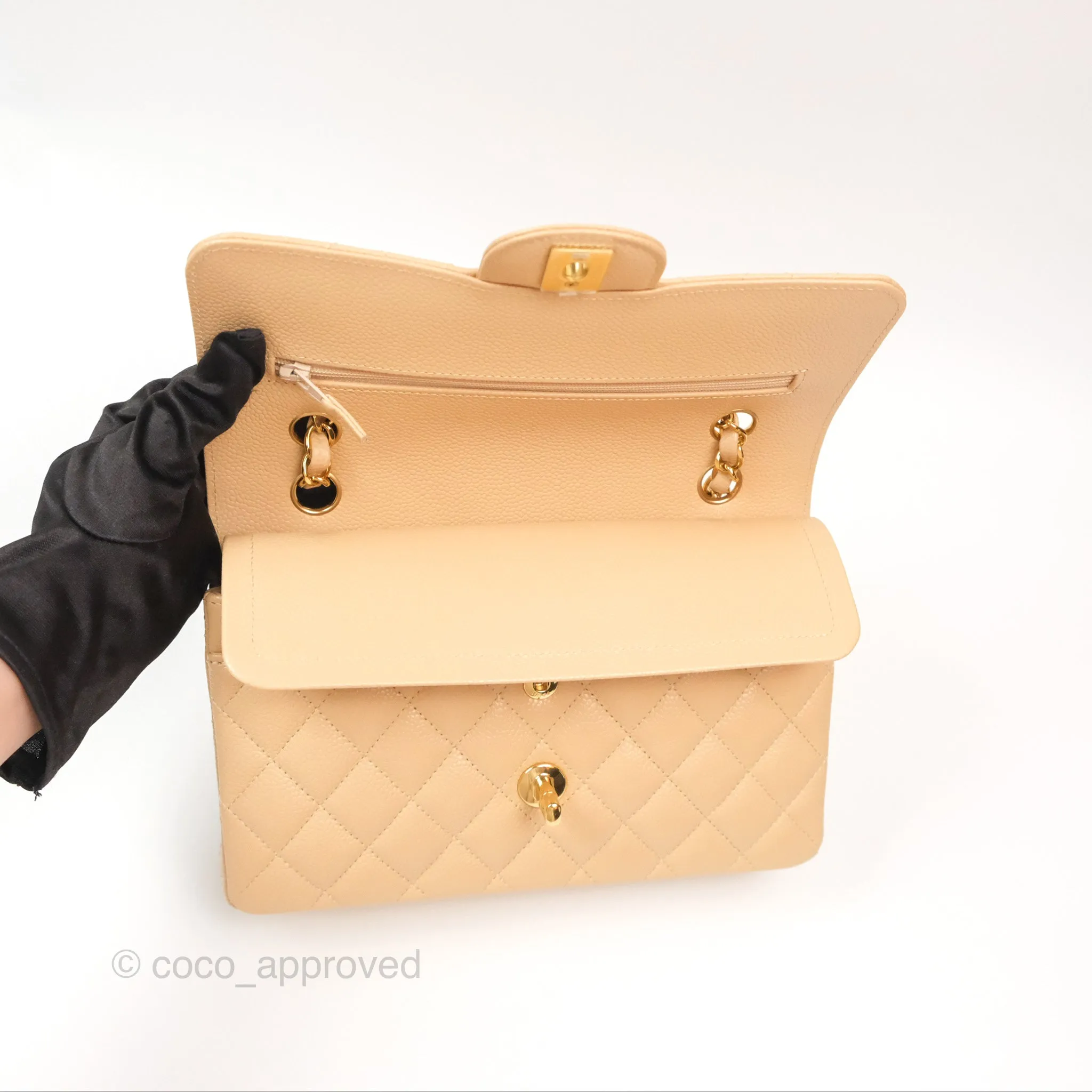 Chanel Small Quilted Classic Flap Beige Caviar Gold Hardware