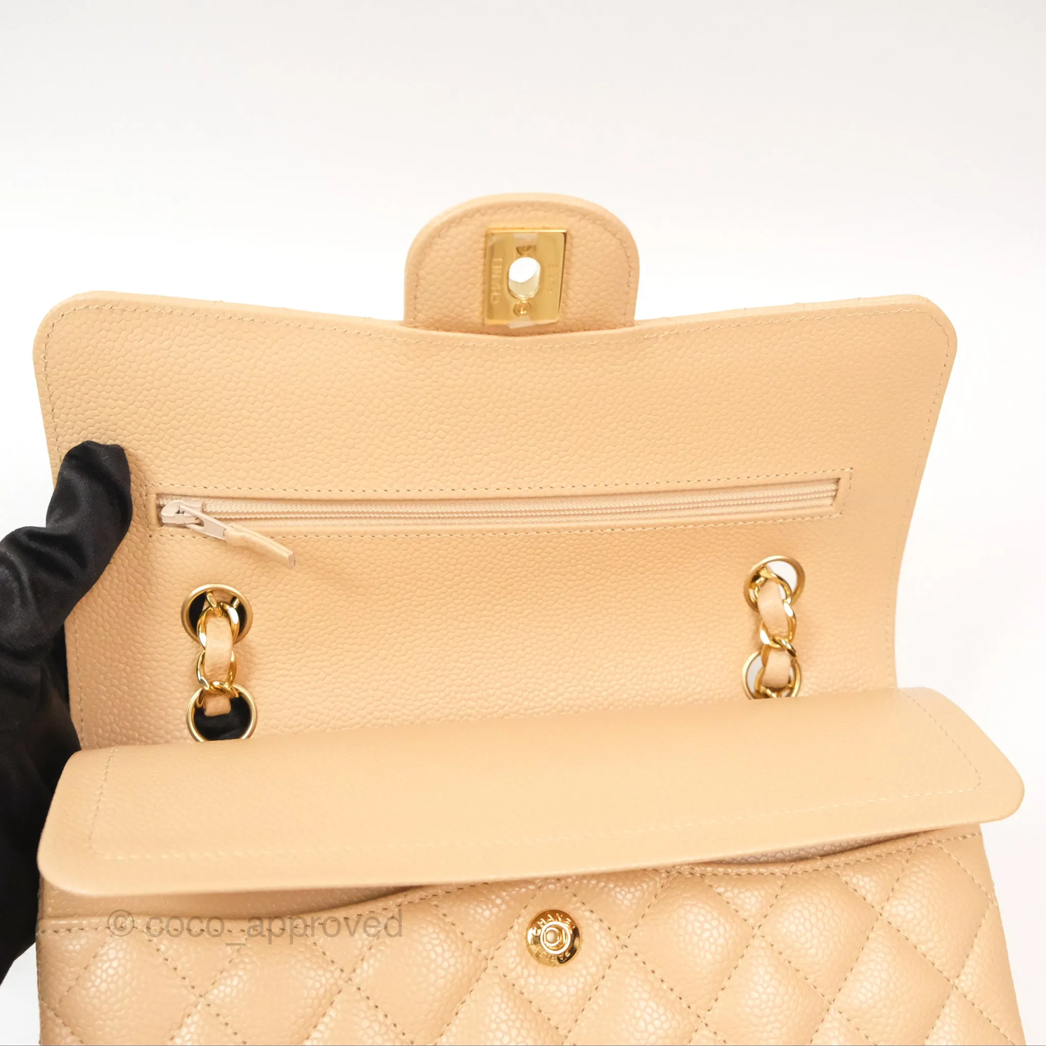 Chanel Small Quilted Classic Flap Beige Caviar Gold Hardware