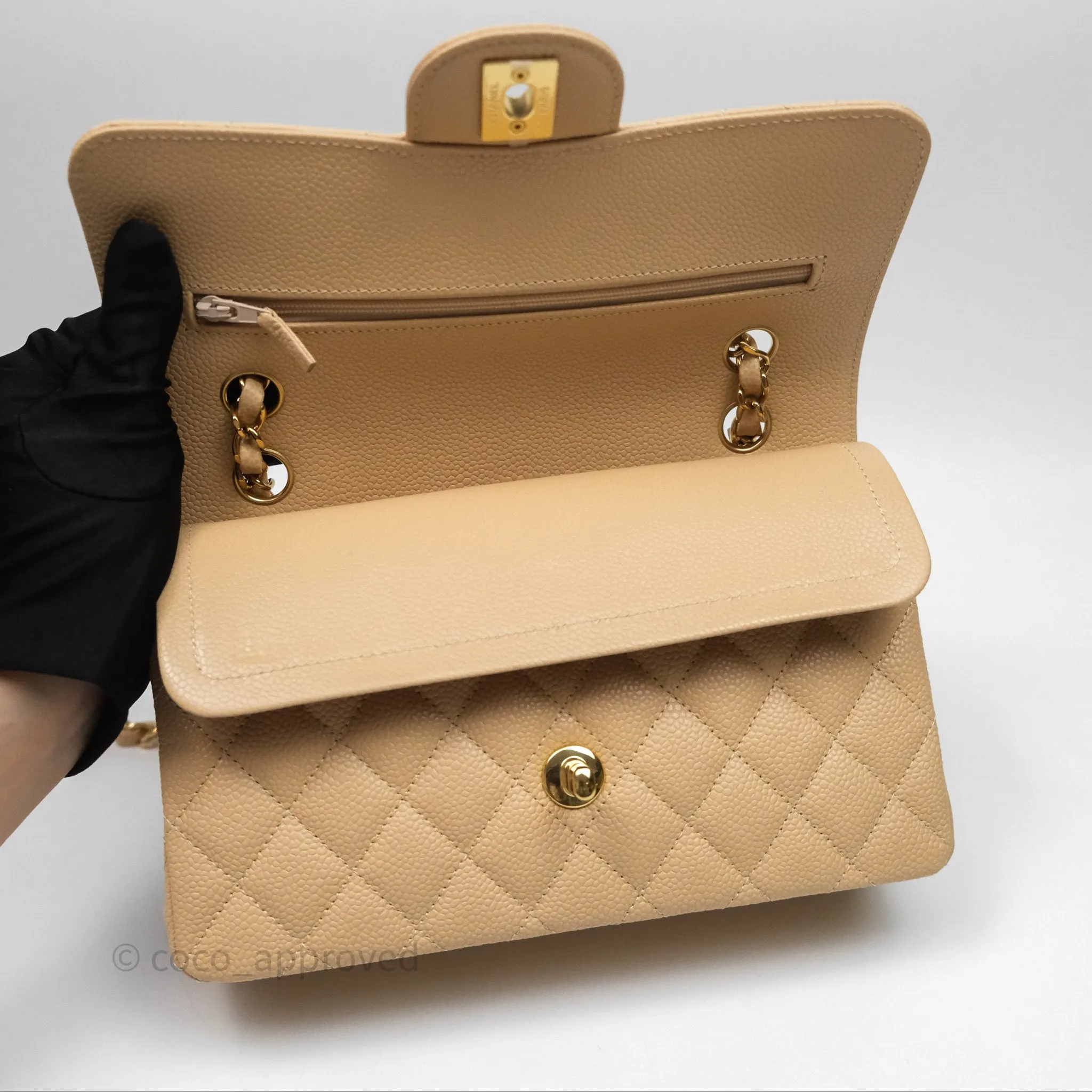 Chanel Small Quilted Classic Flap Beige Caviar Gold Hardware