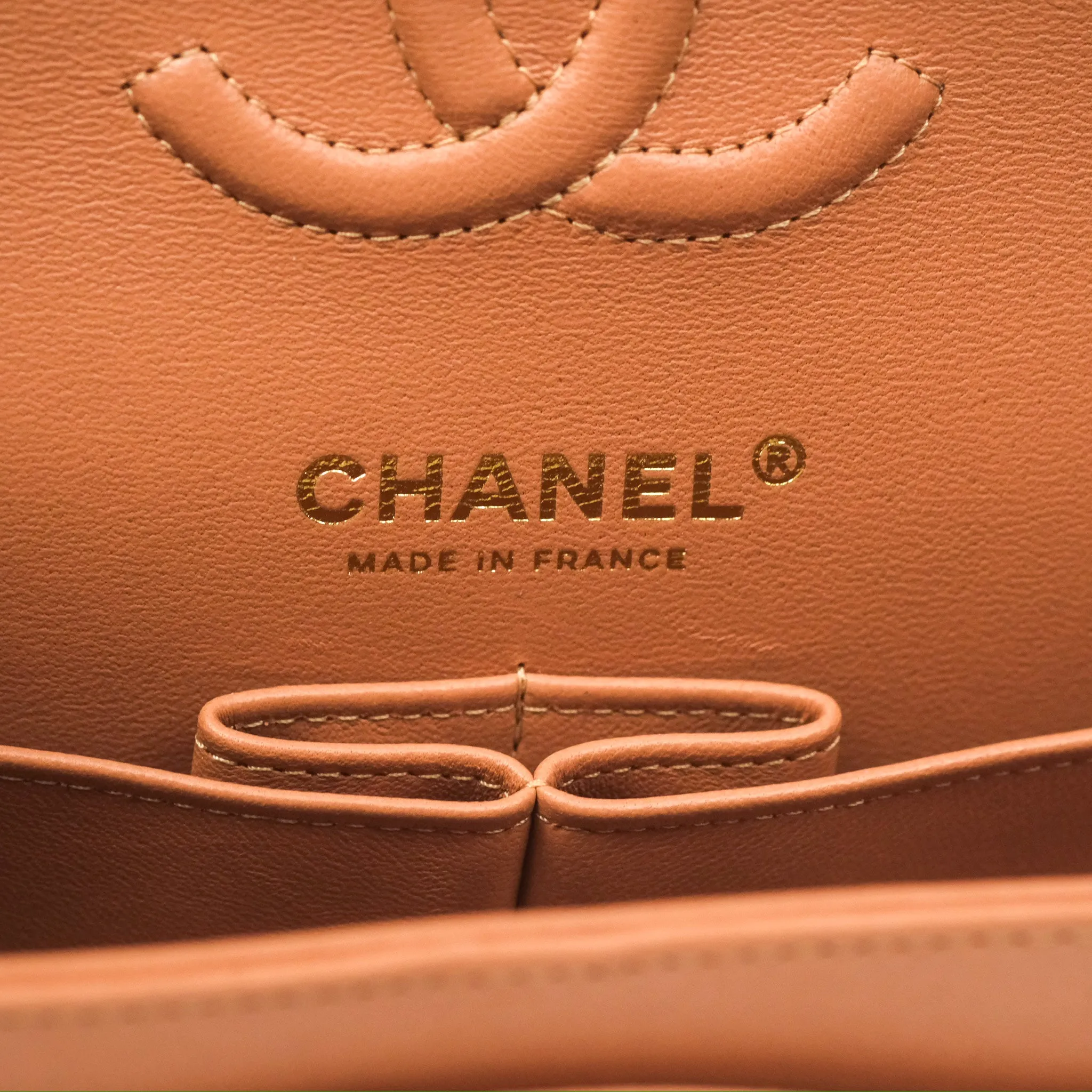 Chanel Small Quilted Classic Flap Dark Caramel Beige Lambskin Gold Hardware