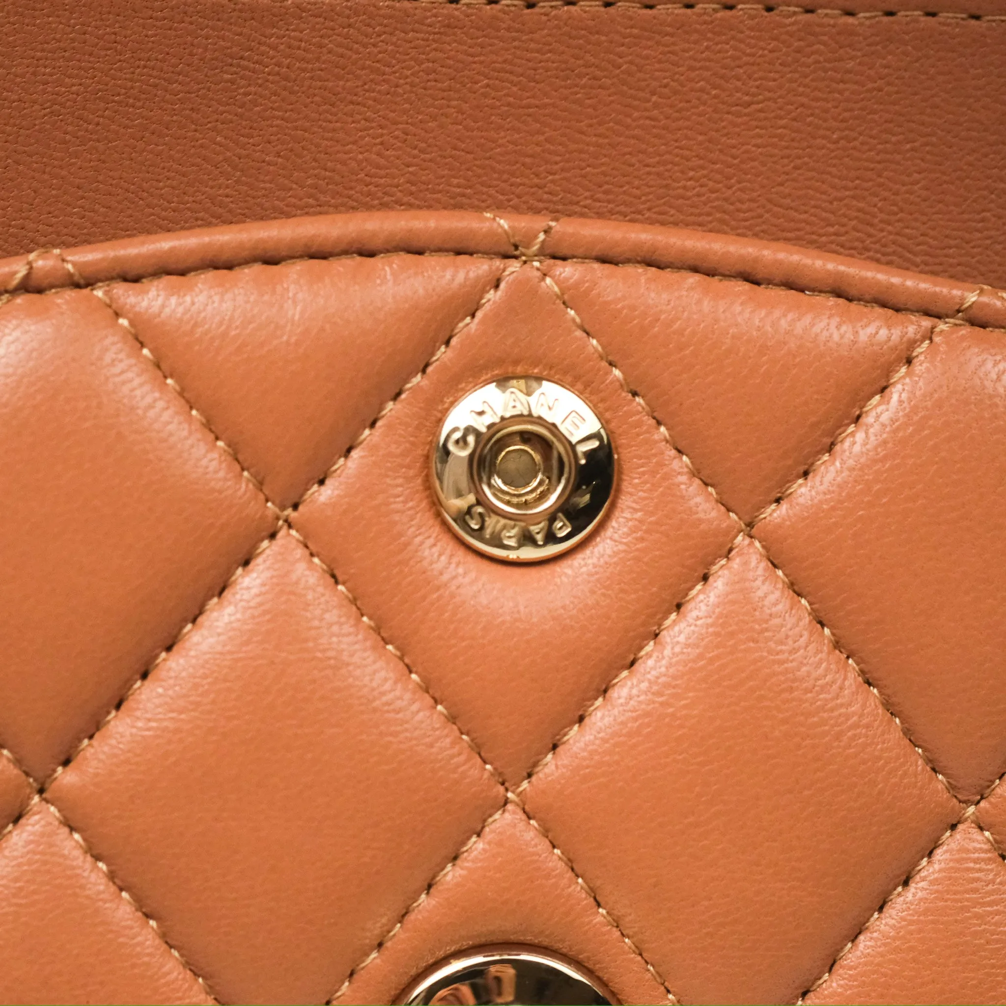 Chanel Small Quilted Classic Flap Dark Caramel Beige Lambskin Gold Hardware