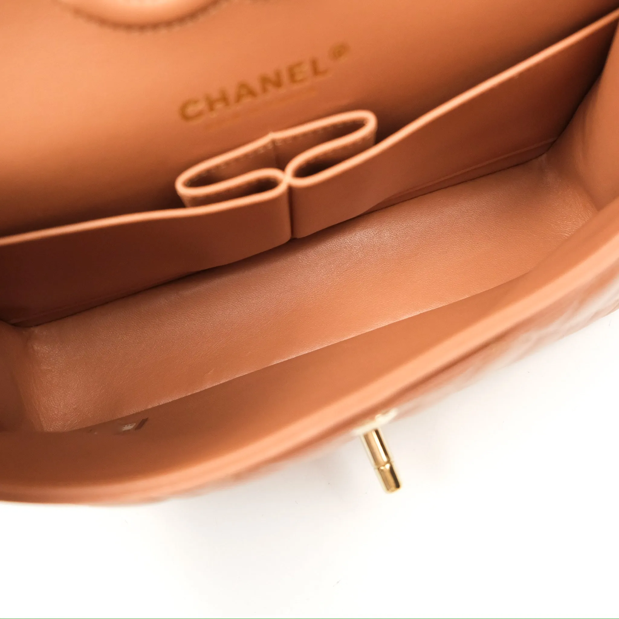 Chanel Small Quilted Classic Flap Dark Caramel Beige Lambskin Gold Hardware