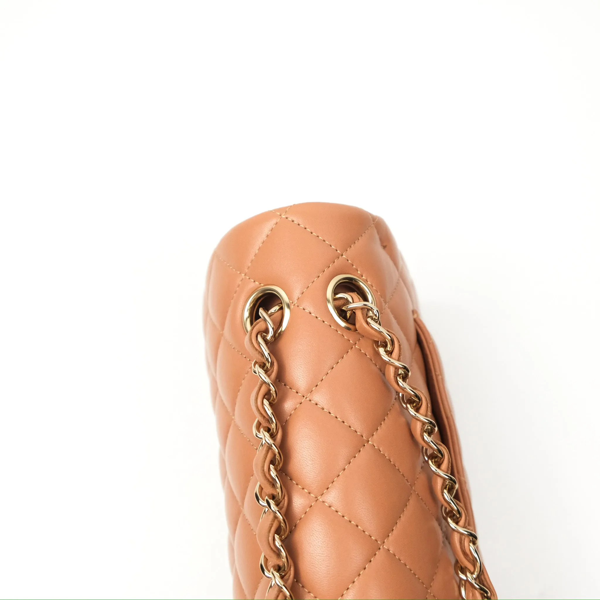 Chanel Small Quilted Classic Flap Dark Caramel Beige Lambskin Gold Hardware