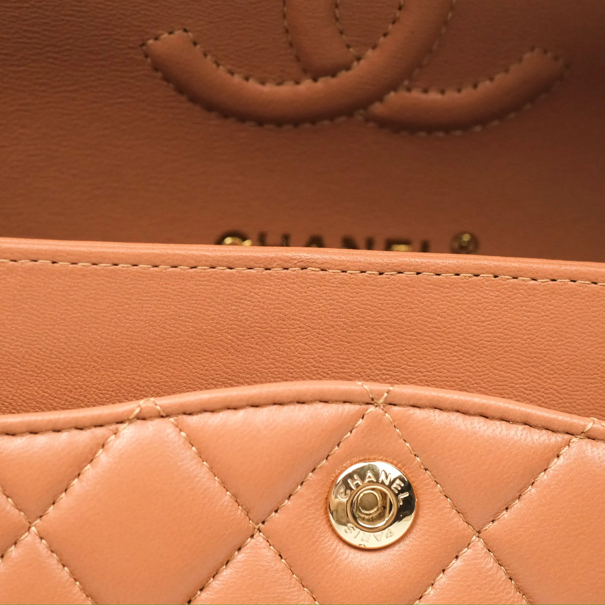 Chanel Small Quilted Classic Flap Dark Caramel Beige Lambskin Gold Hardware