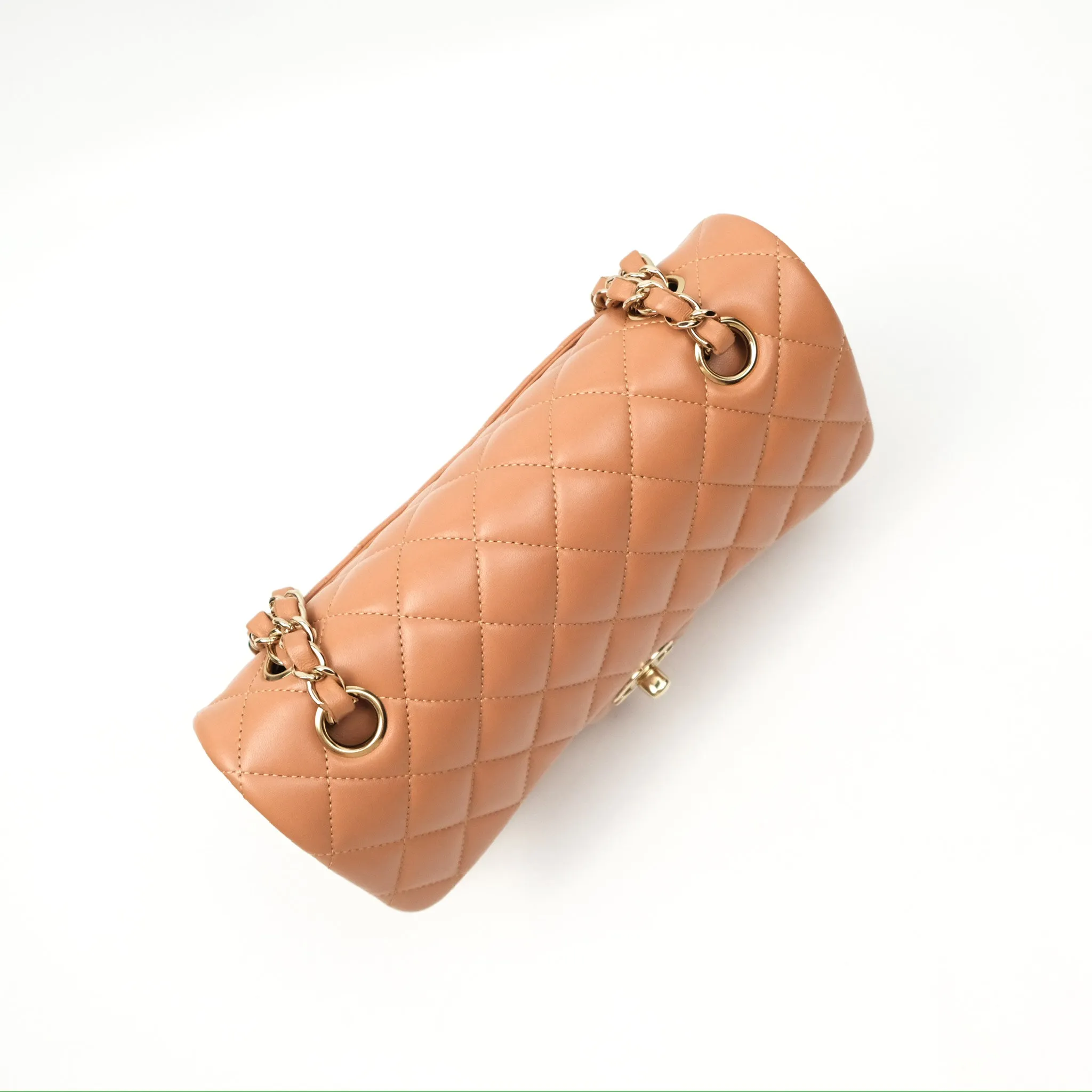 Chanel Small Quilted Classic Flap Dark Caramel Beige Lambskin Gold Hardware