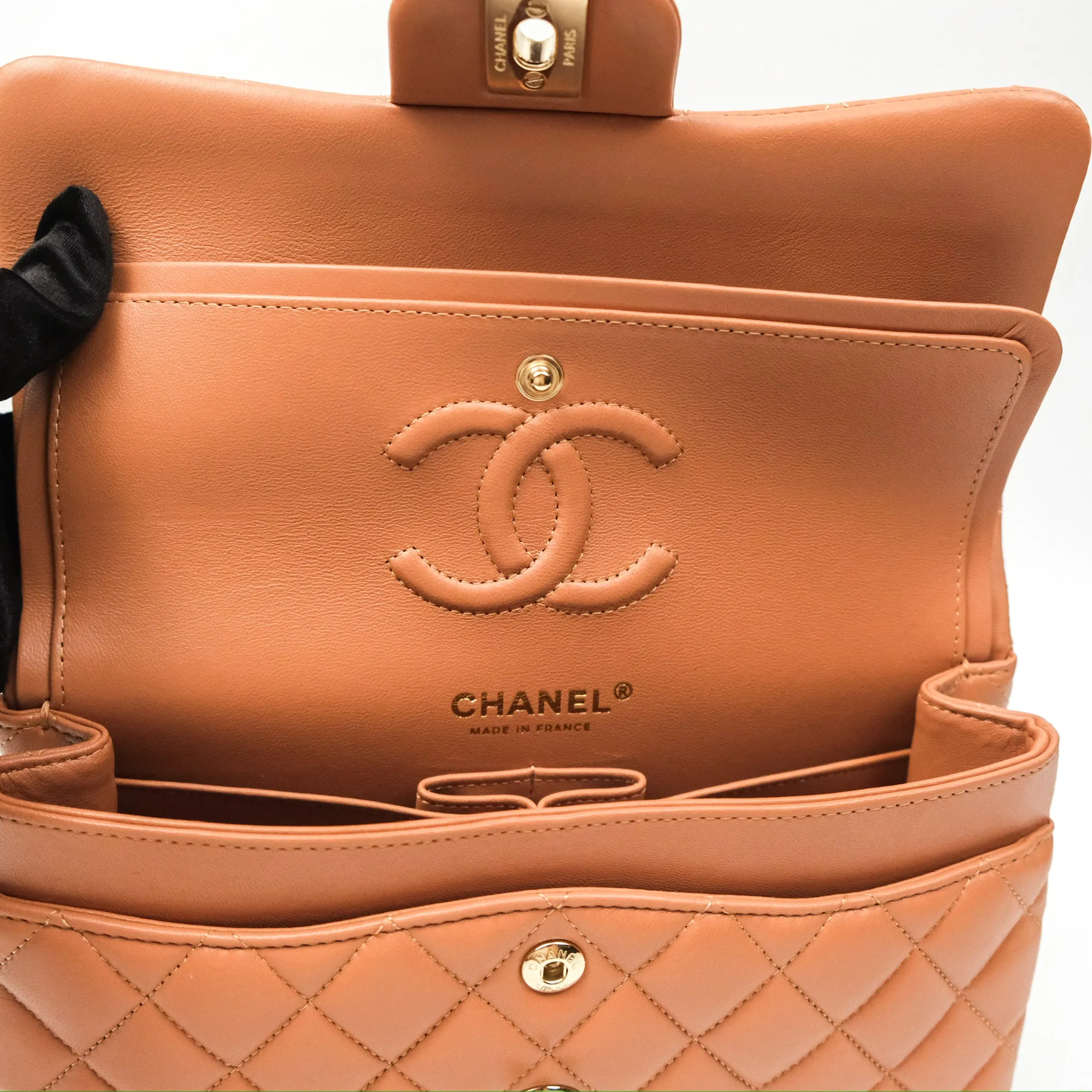 Chanel Small Quilted Classic Flap Dark Caramel Beige Lambskin Gold Hardware