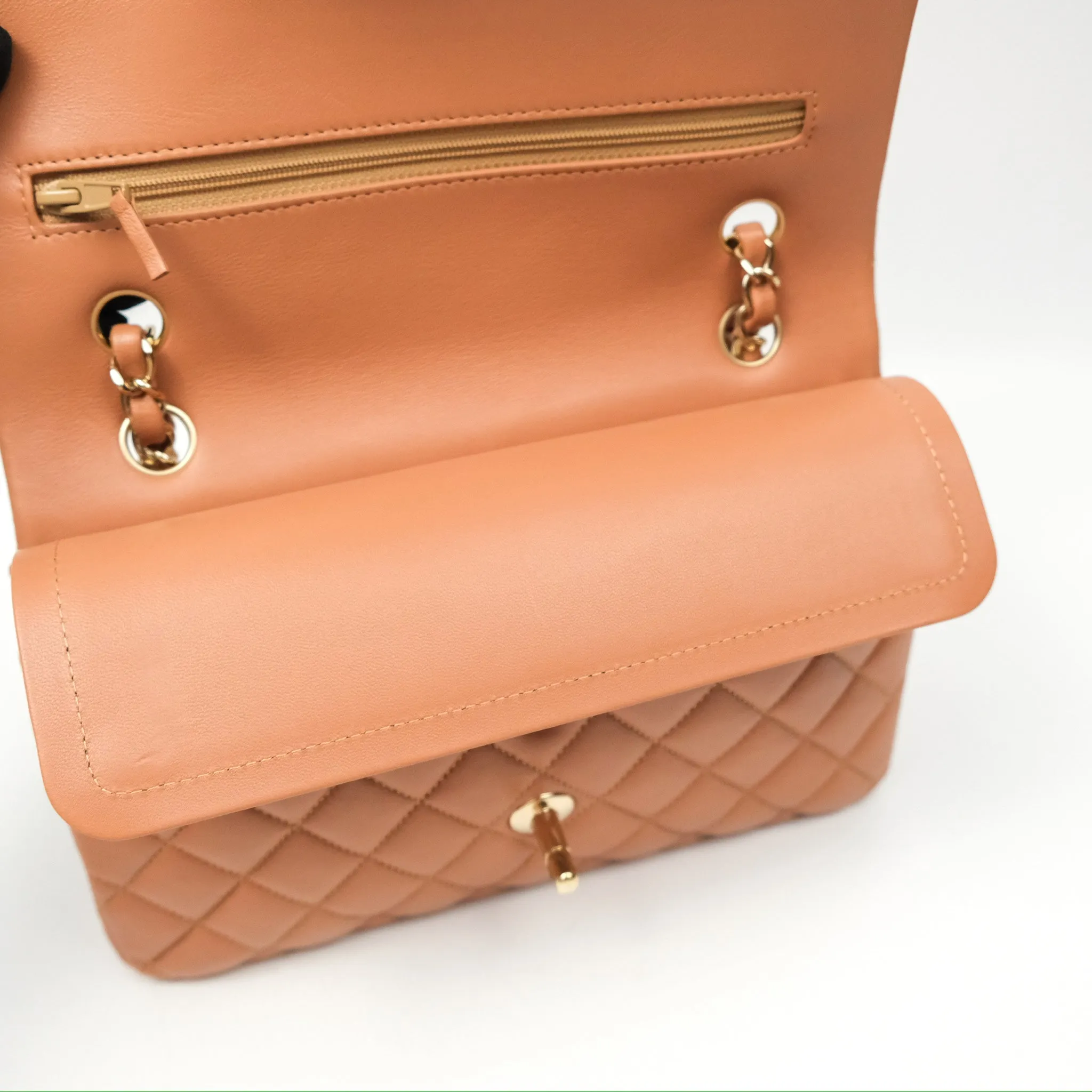 Chanel Small Quilted Classic Flap Dark Caramel Beige Lambskin Gold Hardware
