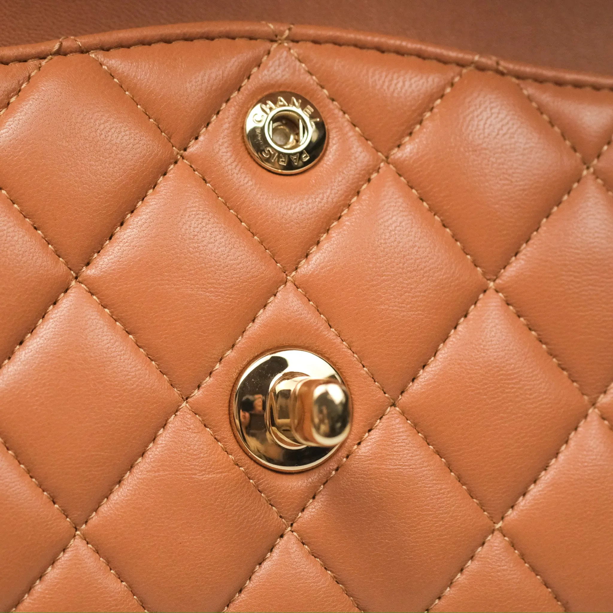 Chanel Small Quilted Classic Flap Dark Caramel Beige Lambskin Gold Hardware