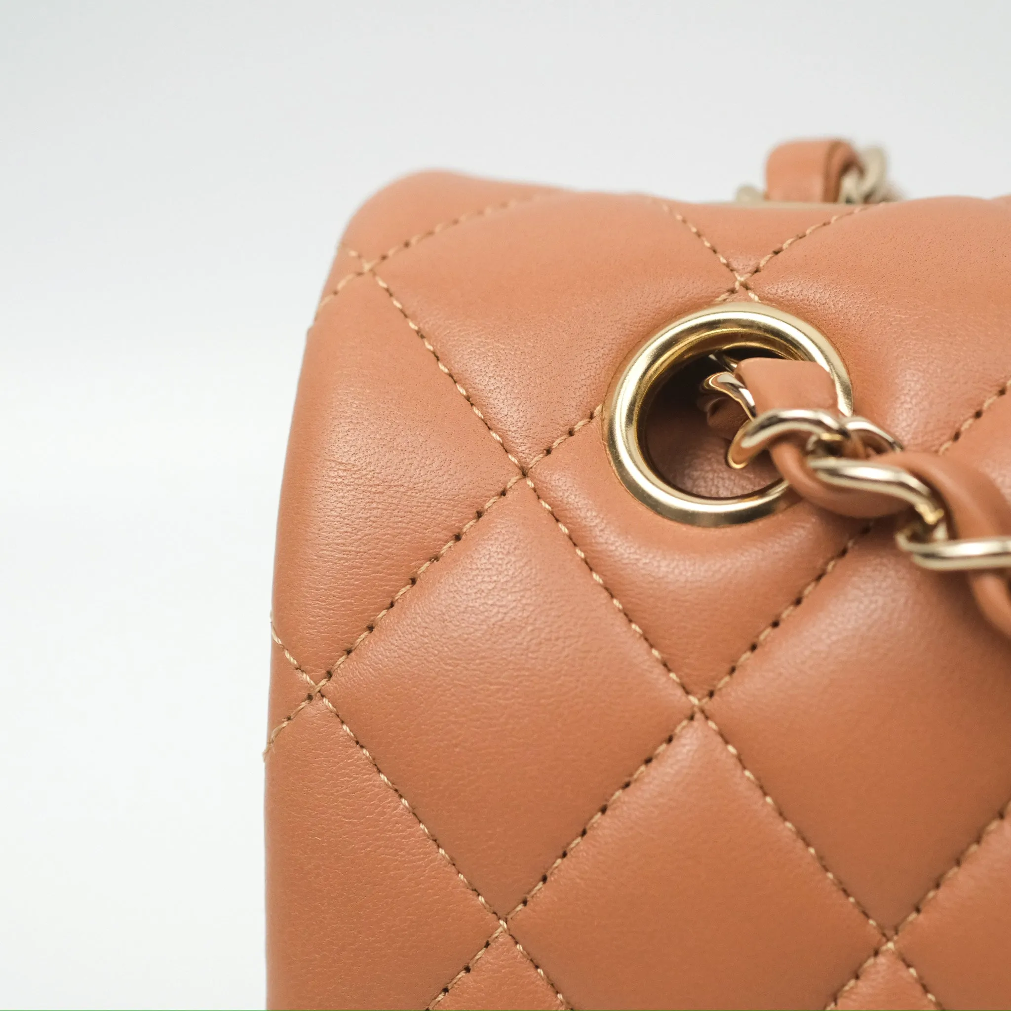 Chanel Small Quilted Classic Flap Dark Caramel Beige Lambskin Gold Hardware