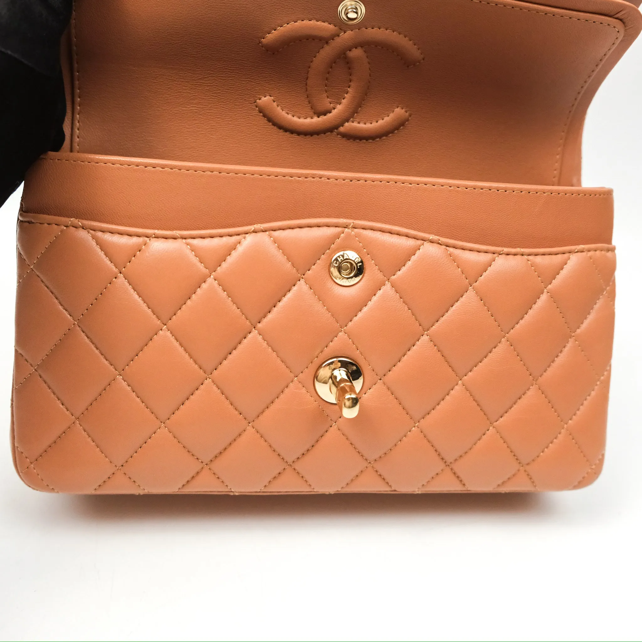 Chanel Small Quilted Classic Flap Dark Caramel Beige Lambskin Gold Hardware