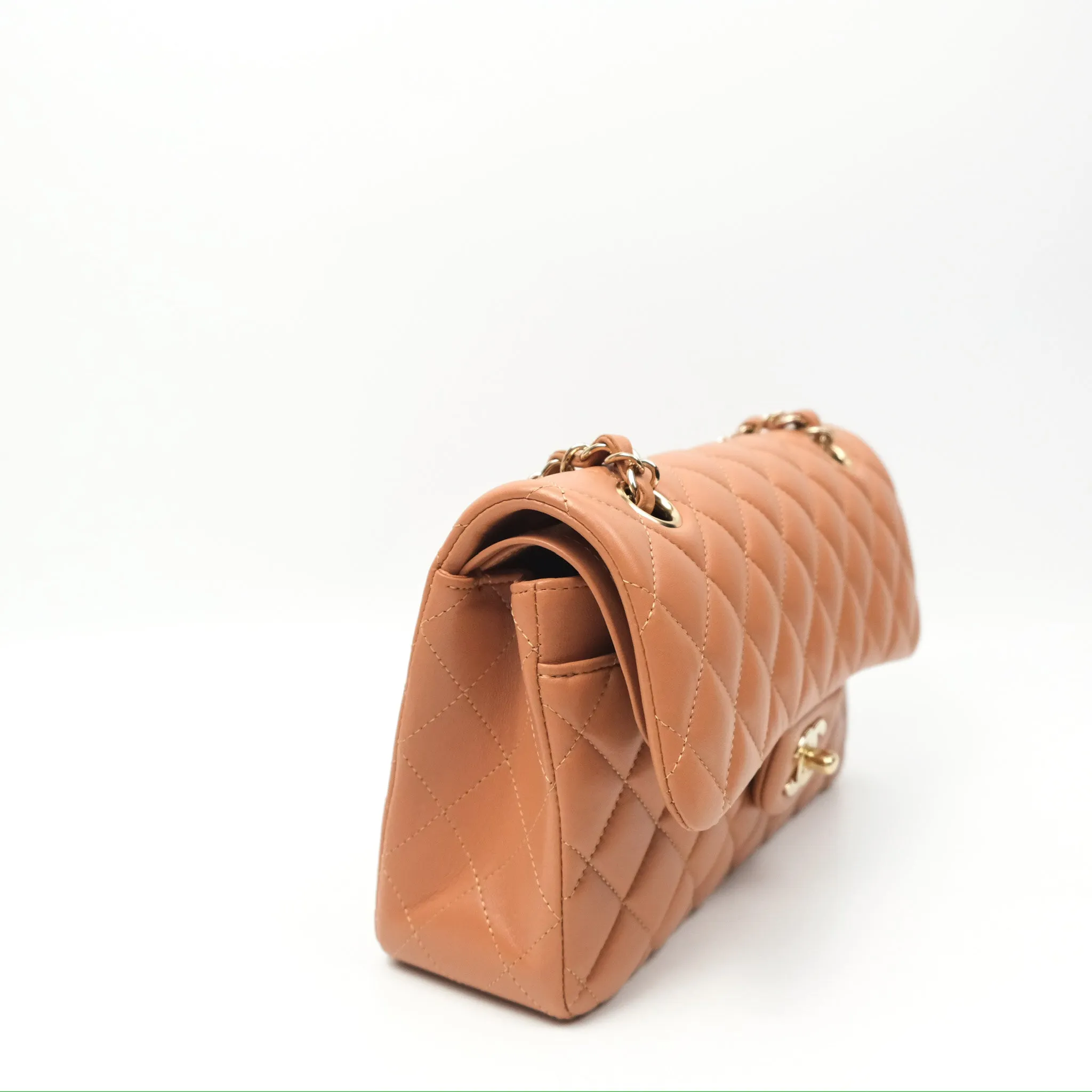 Chanel Small Quilted Classic Flap Dark Caramel Beige Lambskin Gold Hardware