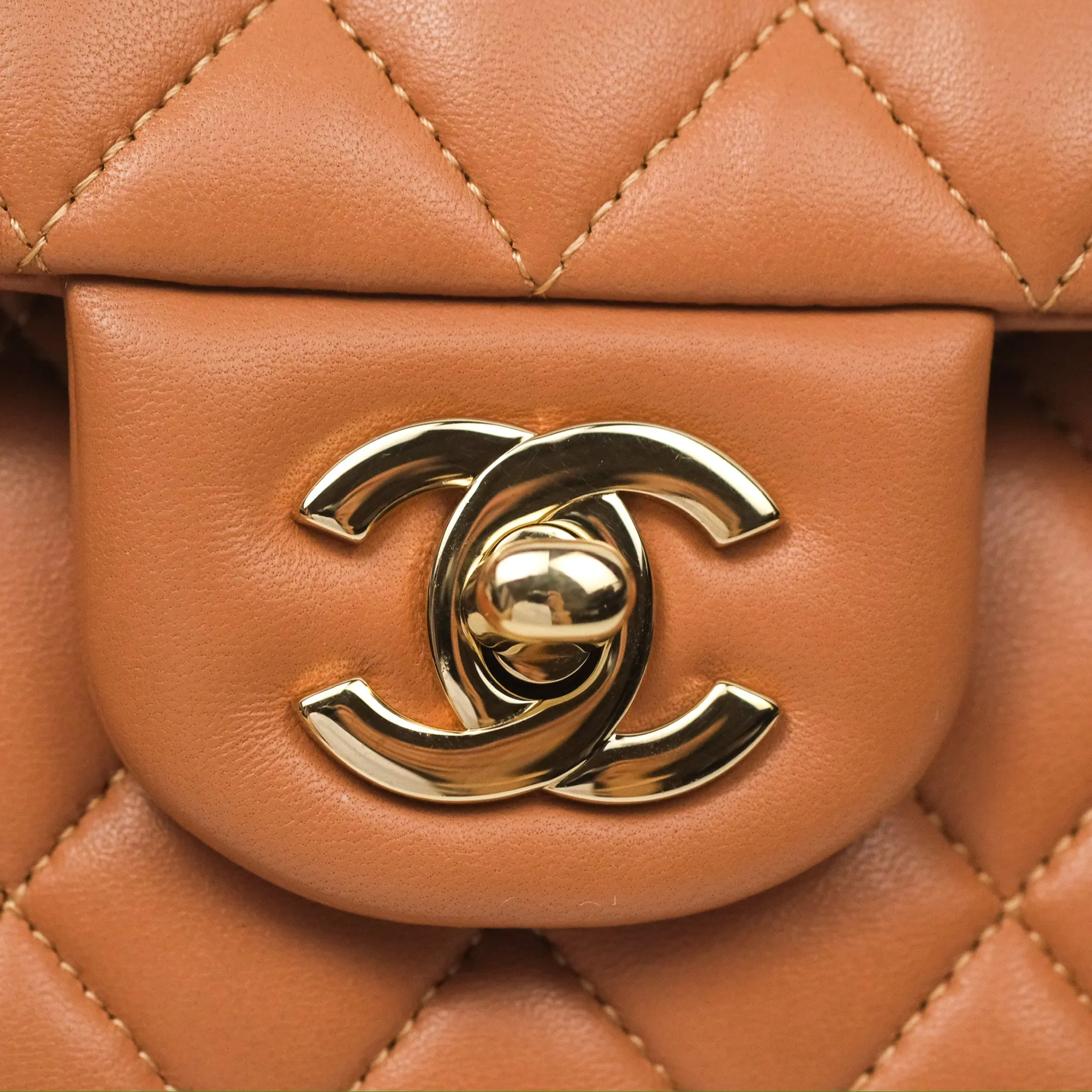 Chanel Small Quilted Classic Flap Dark Caramel Beige Lambskin Gold Hardware