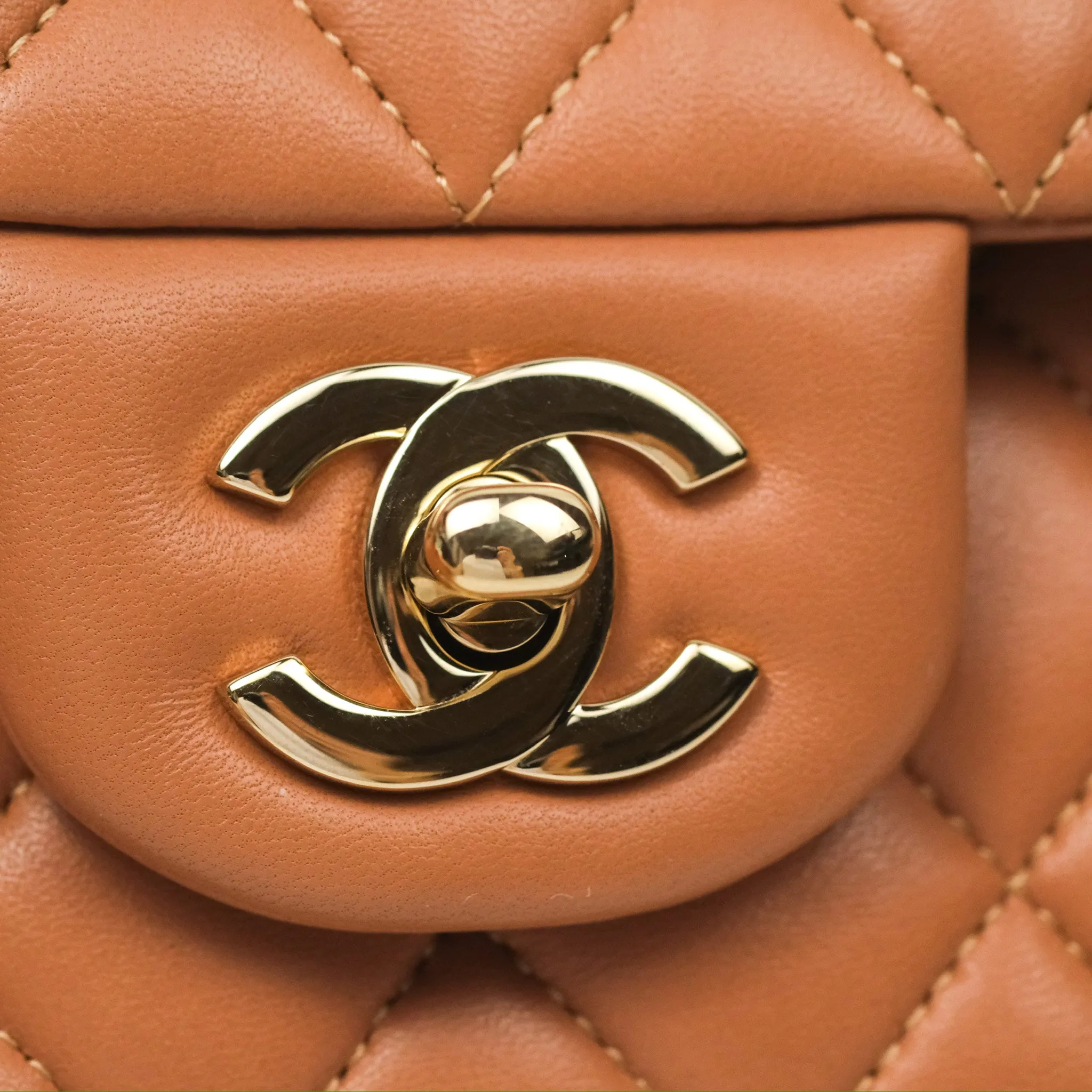 Chanel Small Quilted Classic Flap Dark Caramel Beige Lambskin Gold Hardware