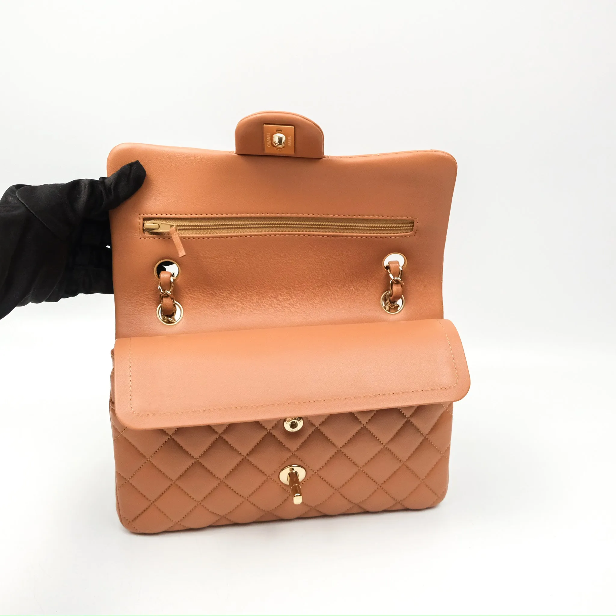 Chanel Small Quilted Classic Flap Dark Caramel Beige Lambskin Gold Hardware