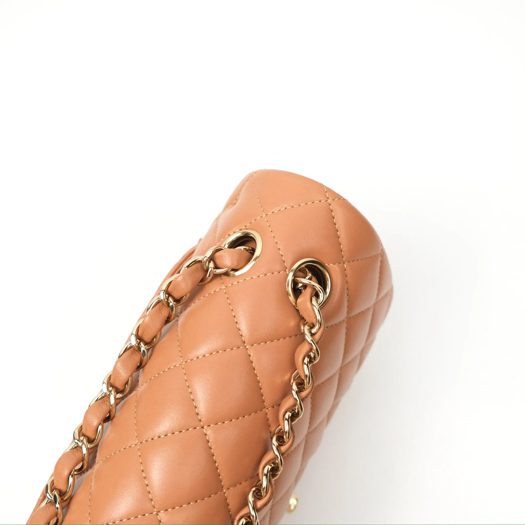 Chanel Small Quilted Classic Flap Dark Caramel Beige Lambskin Gold Hardware