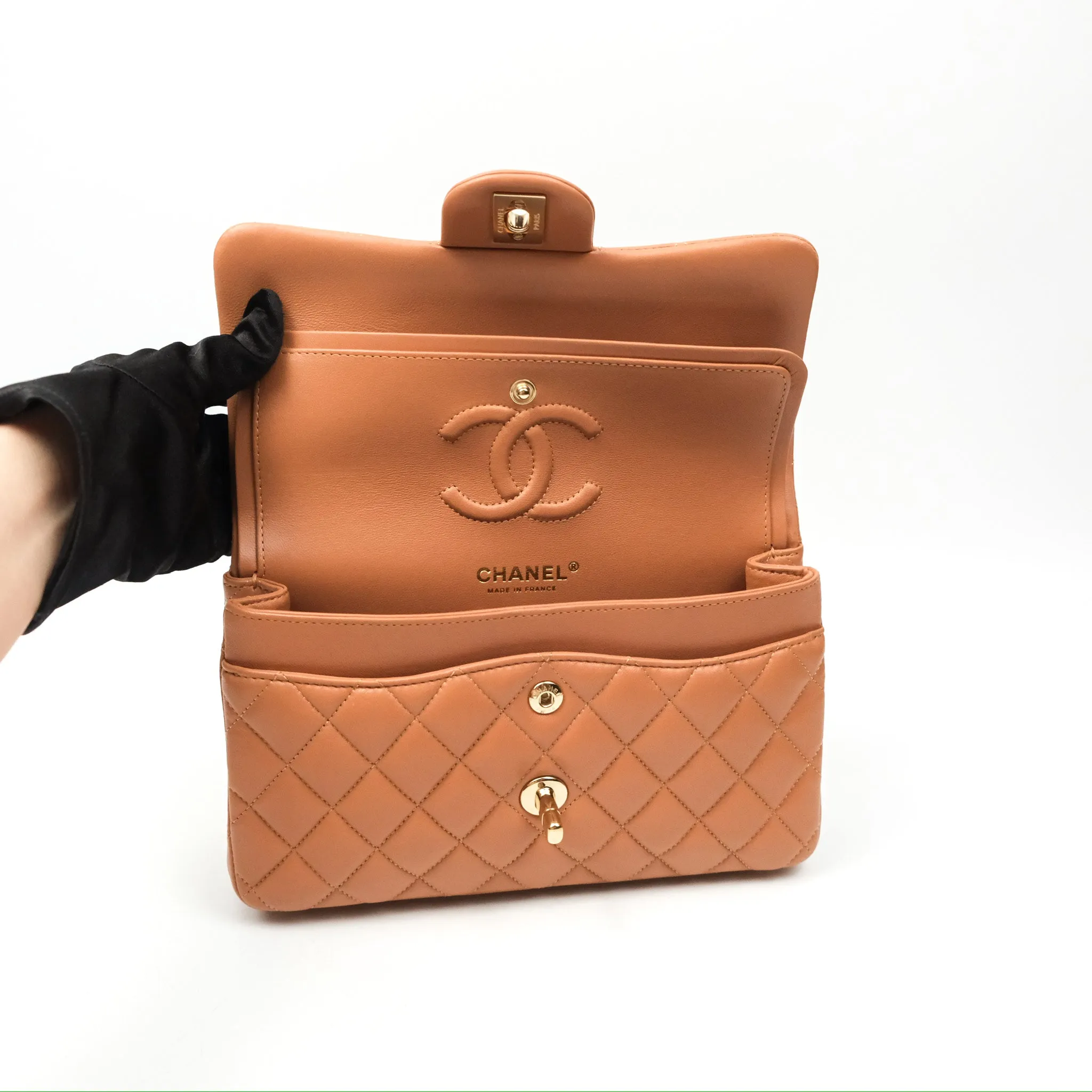 Chanel Small Quilted Classic Flap Dark Caramel Beige Lambskin Gold Hardware