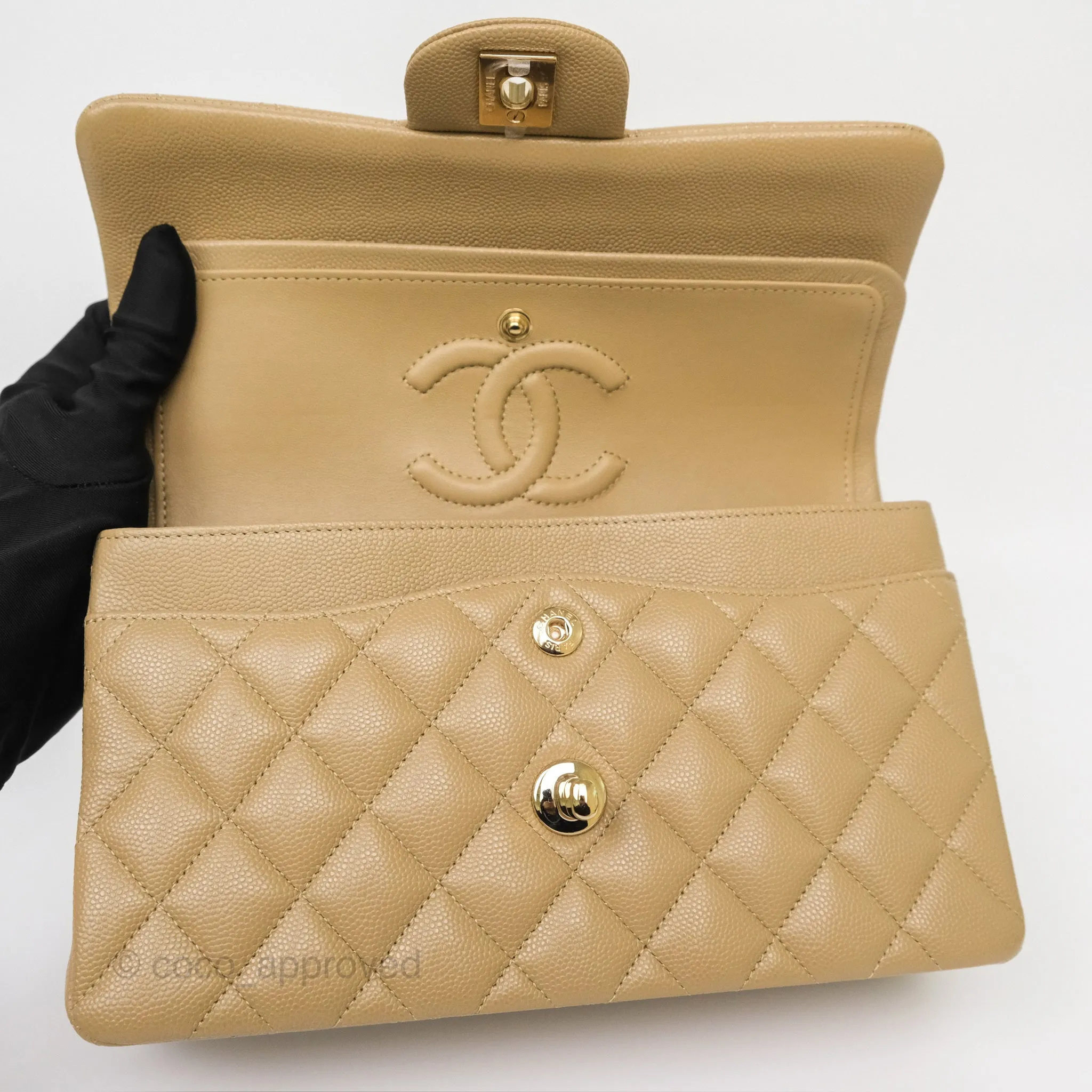 Chanel Small S/M Classic Flap Dark Beige Caviar Gold Hardware 21A