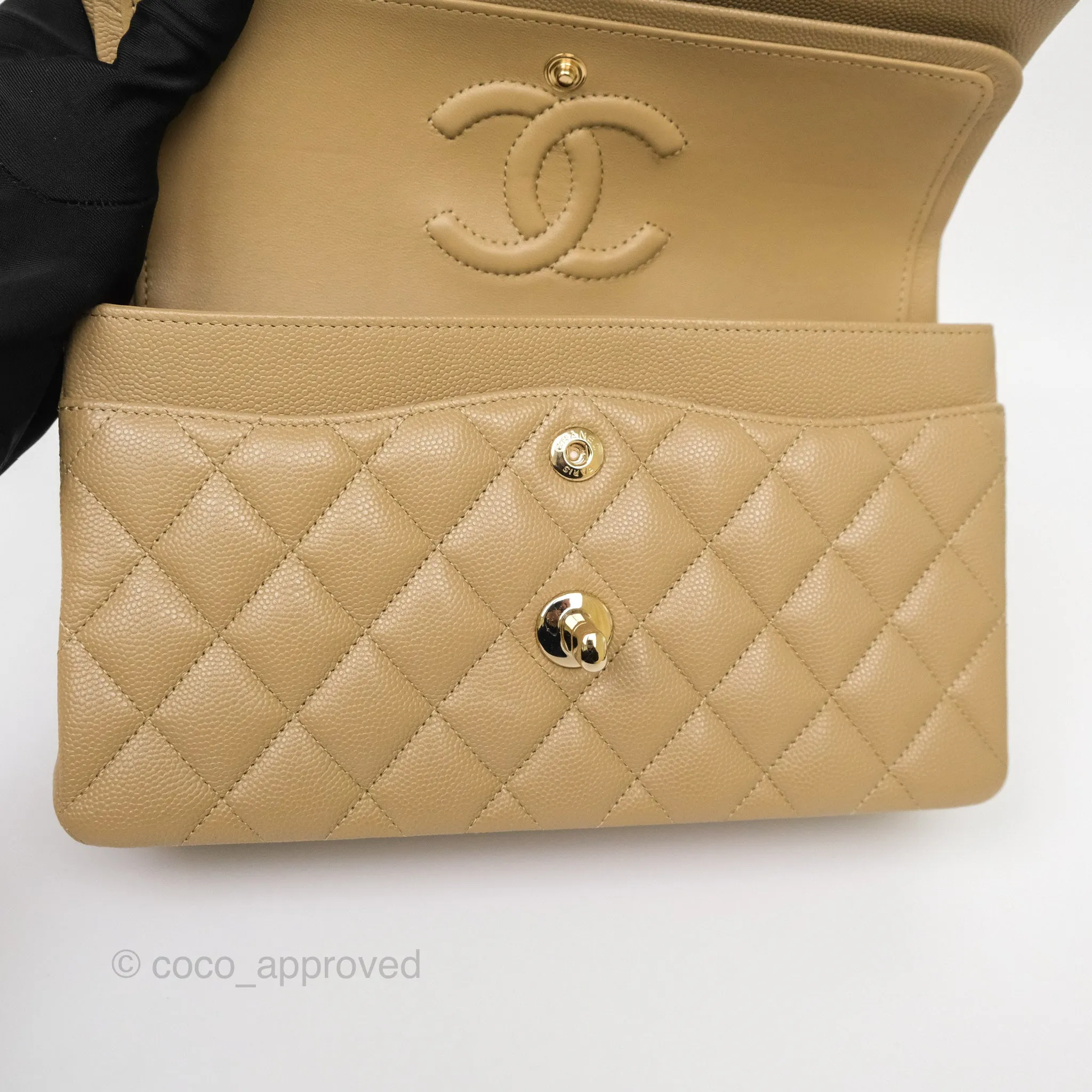 Chanel Small S/M Classic Flap Dark Beige Caviar Gold Hardware 21A
